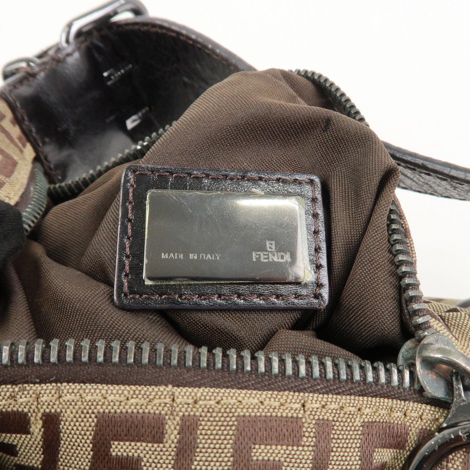FENDI Zucchino Canvas Leather Shoulder Bag Hand Bag Brown