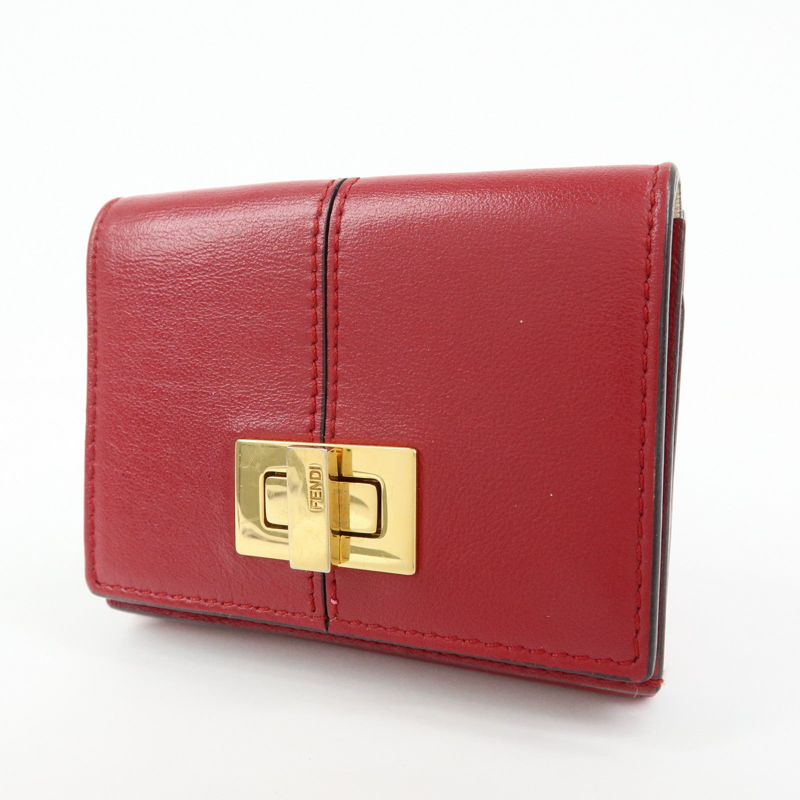 FENDI Peekaboo Leather Compact Trifold Wallet Red 8M0445