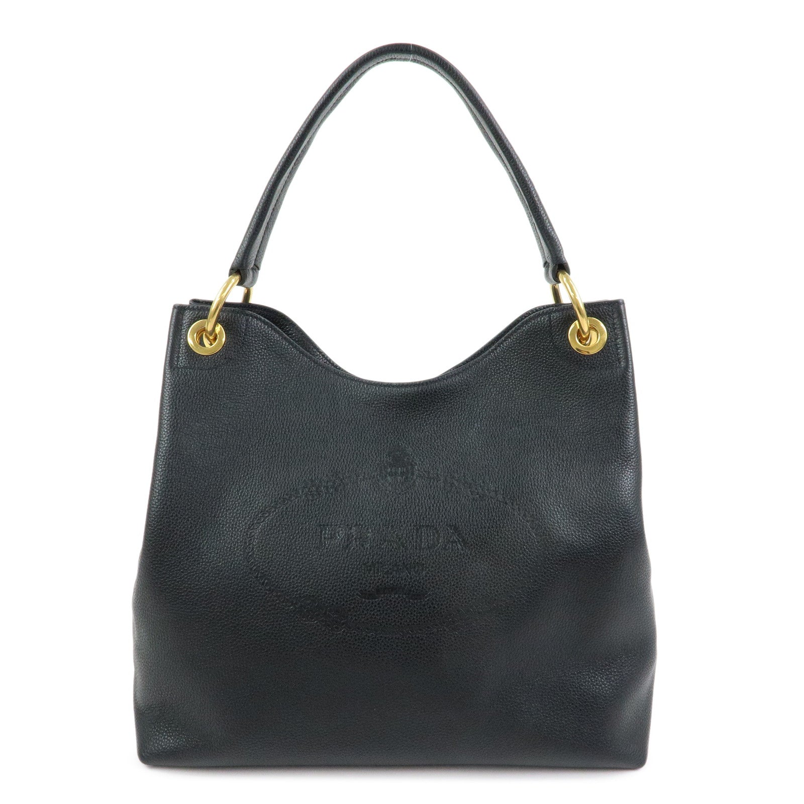 PRADA Logo Leather Shoulder Bag Hand Bag Black 1BC051