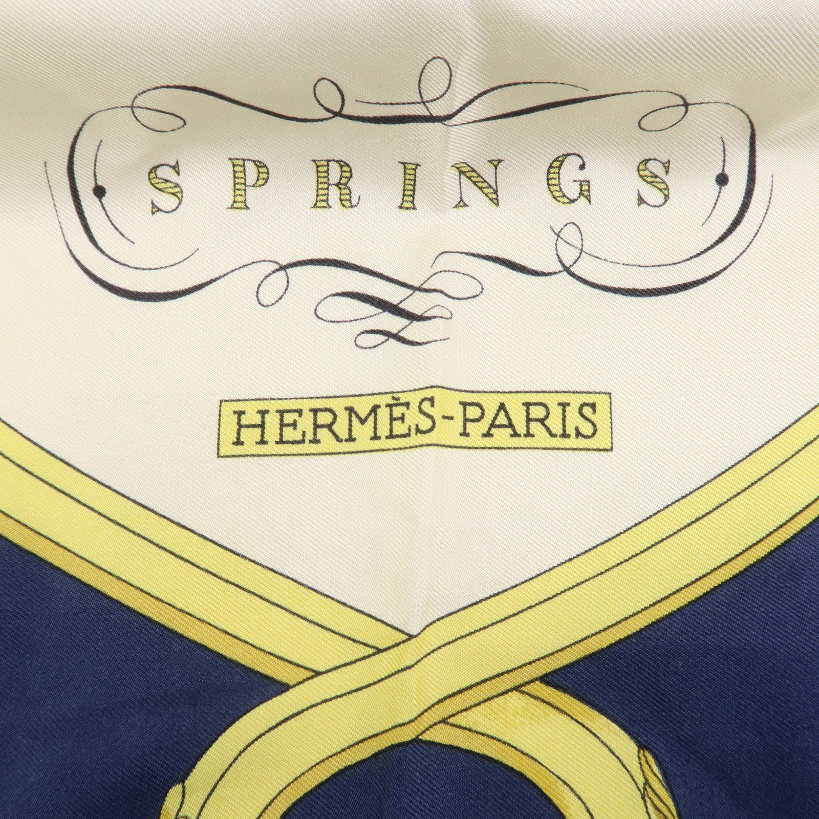 HERMES Carre 90 Silk 100% Scarf SPRINGS Navy Gold