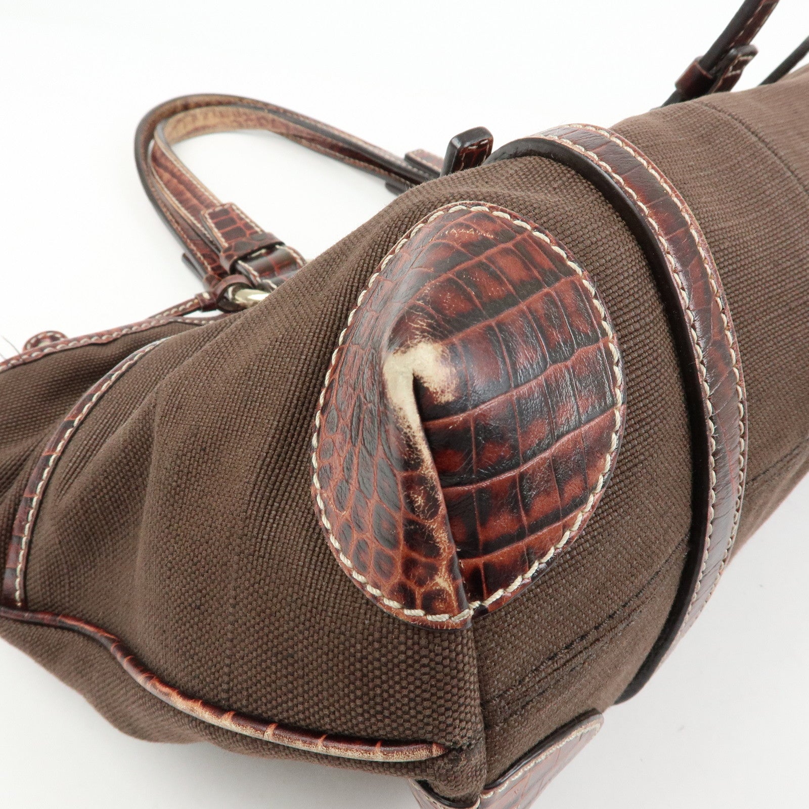 CELINE Logo Canvas Embossed Leather Tote Bag Hand Bag Brown