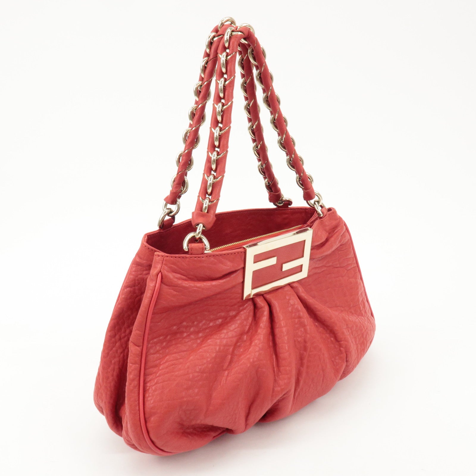 FENDI Leather Mia Chain Shoulder Bag Red Gold Hardware 8BR615 Used