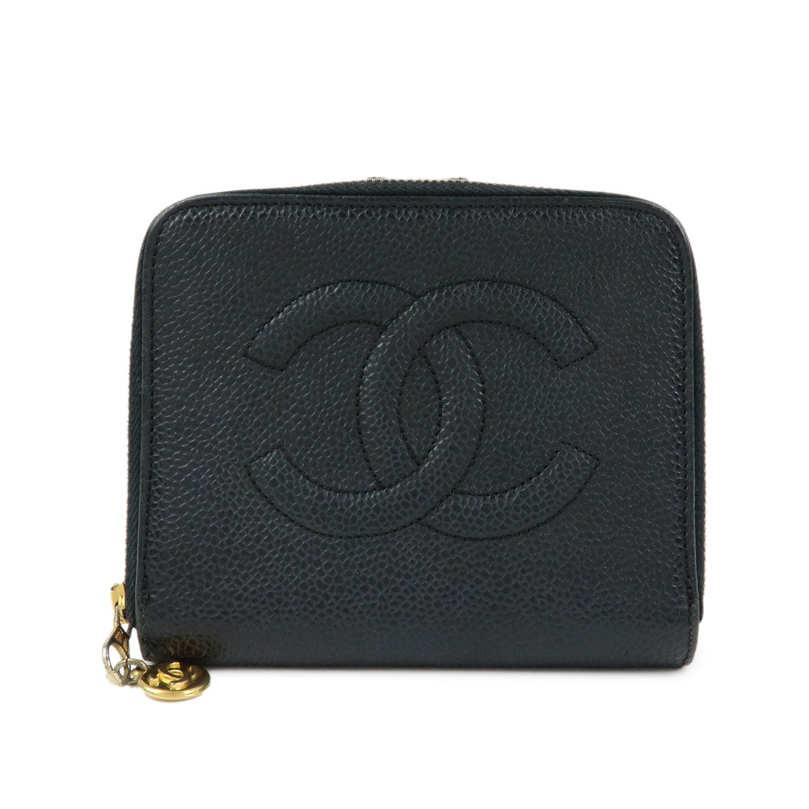CHANEL COCO Mark Cavairskin Compact Bi-Fold Wallet Black