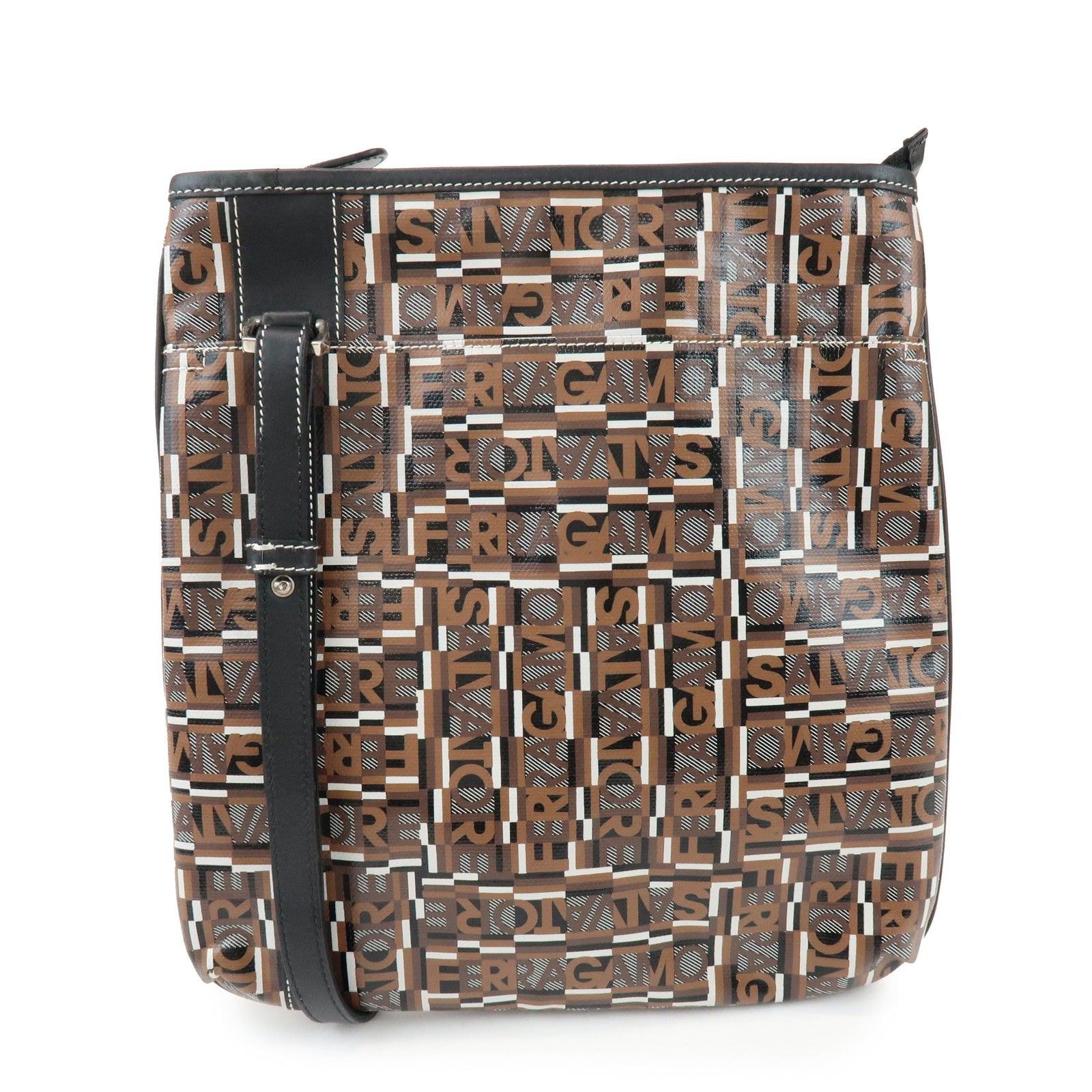 Ferragamo Logo PVC Leather Shoulder Crossbody Bag Brown Black