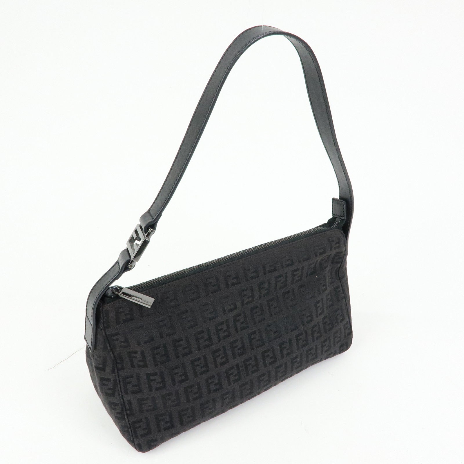 FENDI Zucchino Canvas Leather Hand Bag Dark Brown 8BR144
