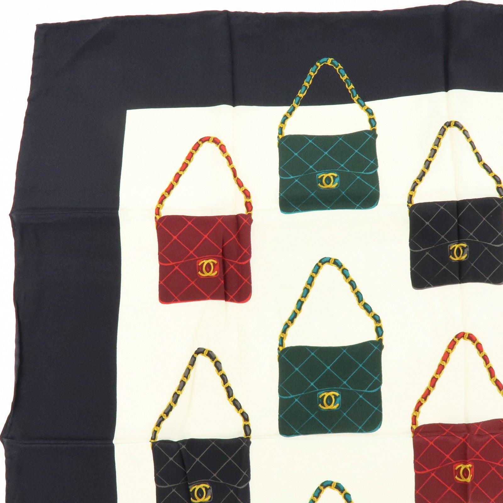 CHANEL Matelasse Silk 100% Scarf Black Green Gold