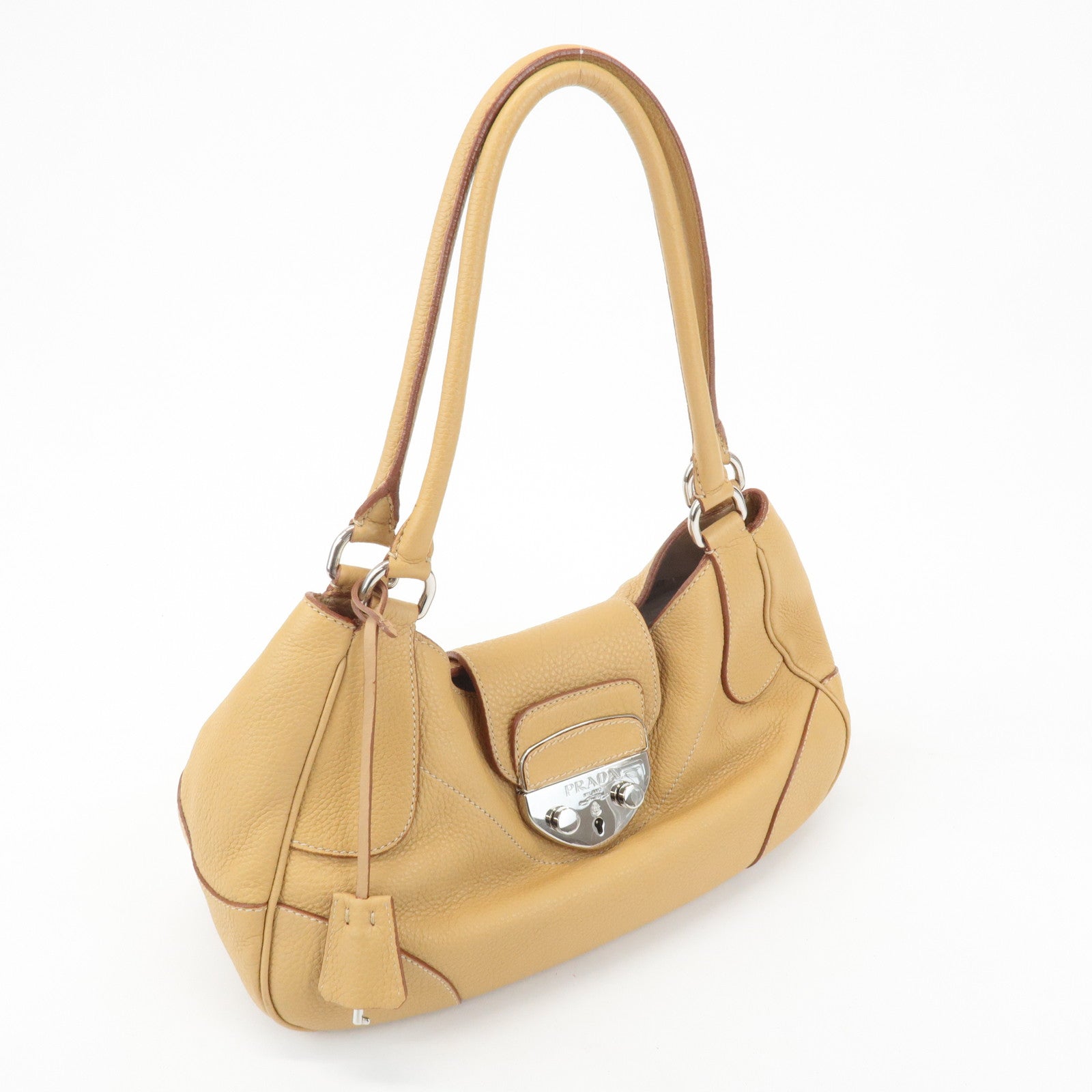 PRADA Leather Shoulder Bag Hand Bag Beige Silver HDW Used