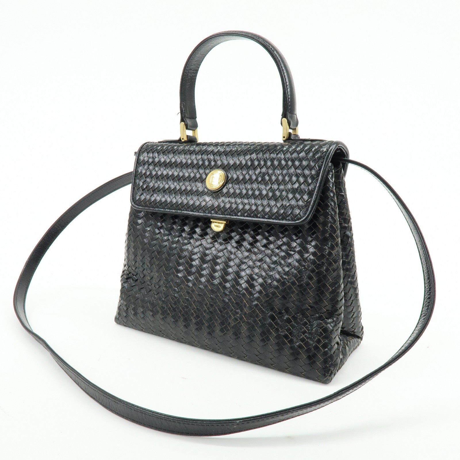 FENDI Leather 2Way Bag Hand Bag Shoulder Bag Black c-13742-2