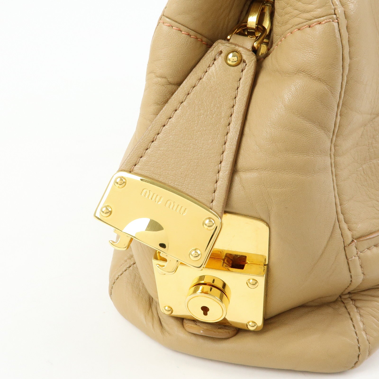 MIU MIU Logo Leather Hand Bag Boston Bag Beige
