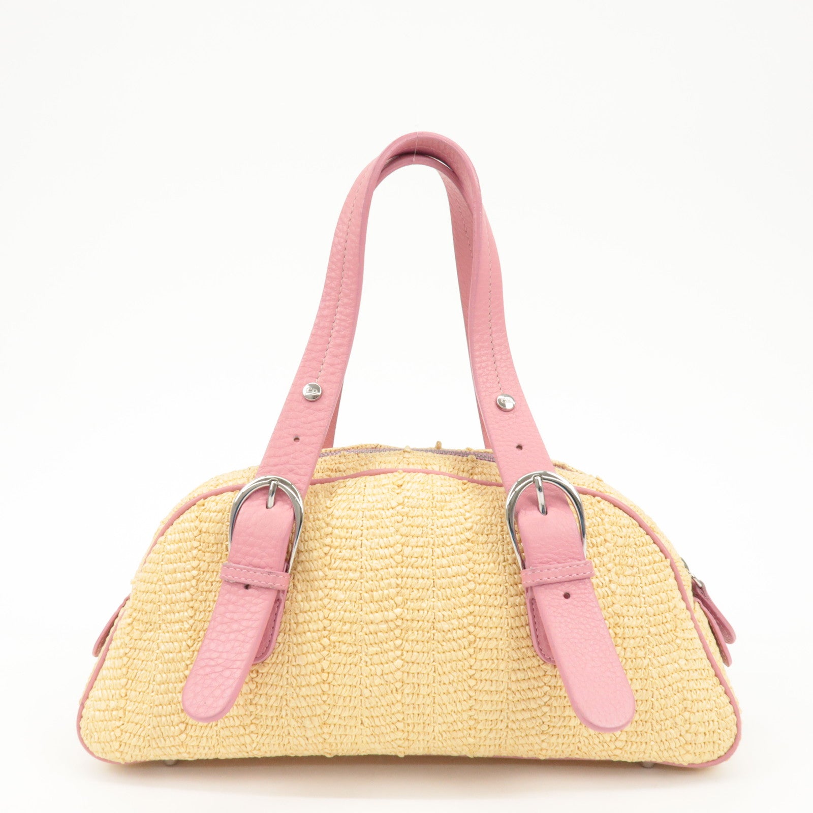 Christian Dior Leather Raffia Straw Hand Bag Pink Natural Used