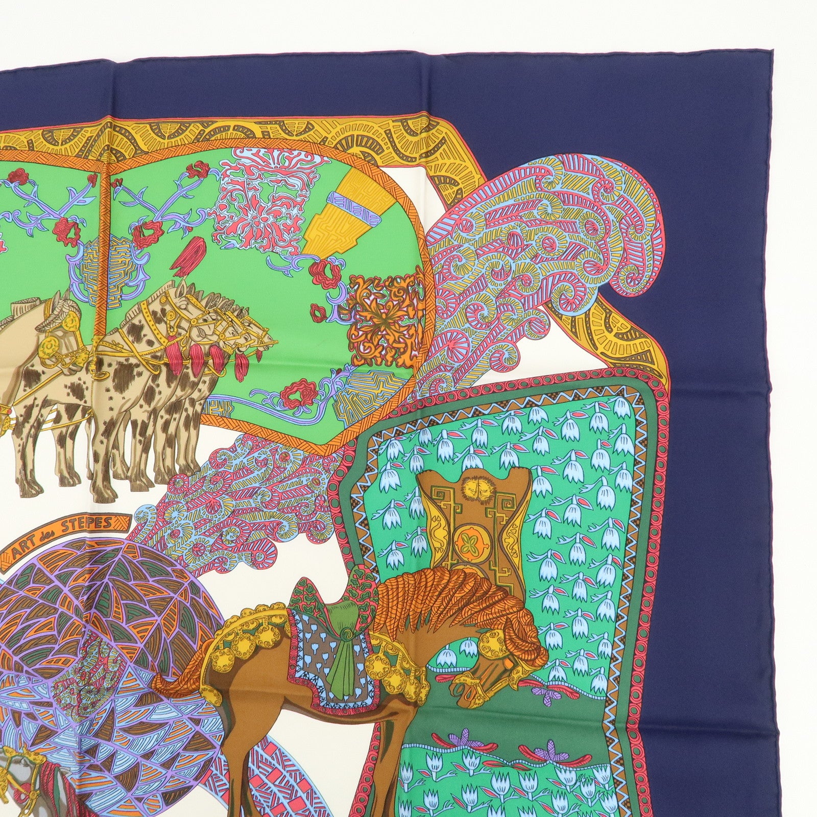 HERMES HERMES Carre 90 Silk 100% Scarf ART des STEPPES Navy