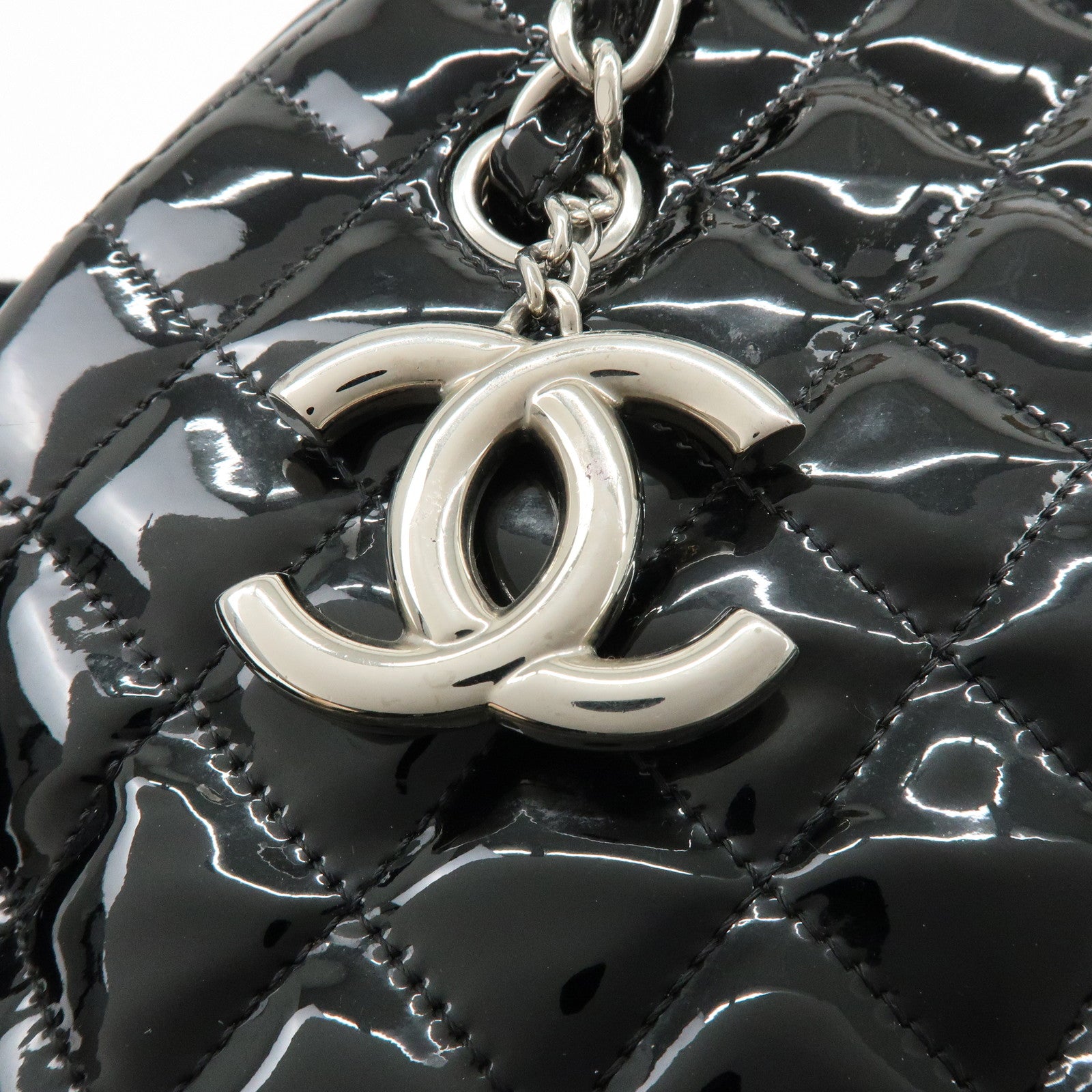 CHANEL Mademoiselle Patent Leather Shoulder Bag Bowling Bag Black