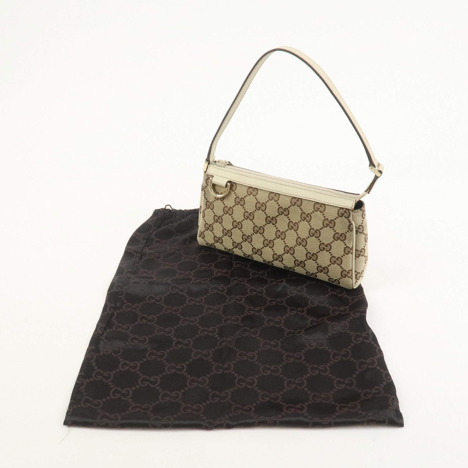GUCCI Abbey GG Canvas Leather Pouch Hand Bag Brown Ivory 145750