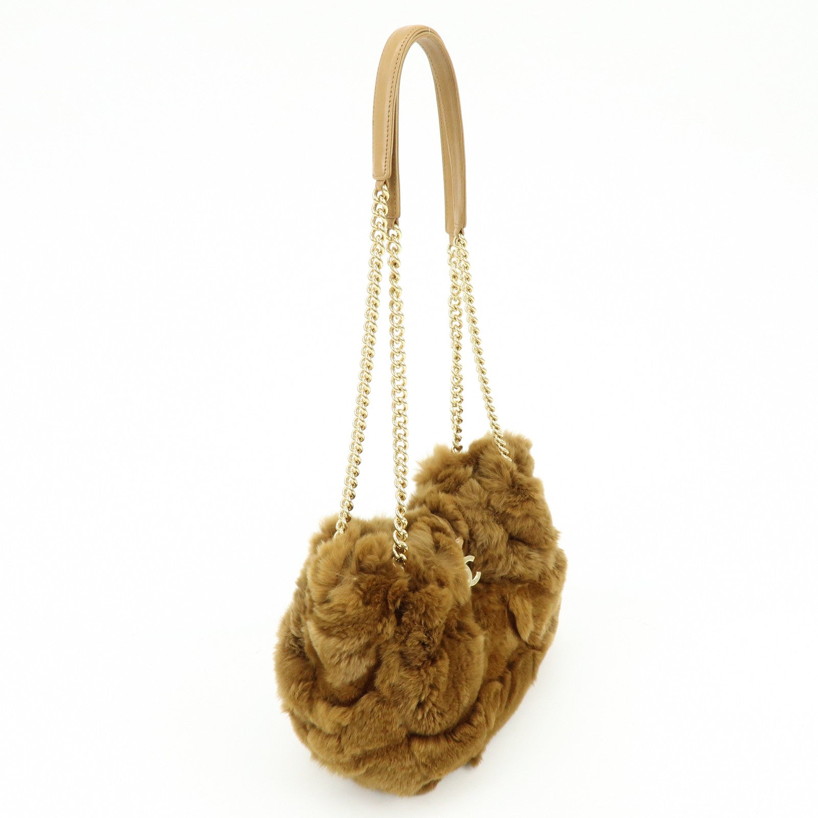 CHANEL COCO Mark Fur Lamb Skin Chain Shoulder Bag Brown