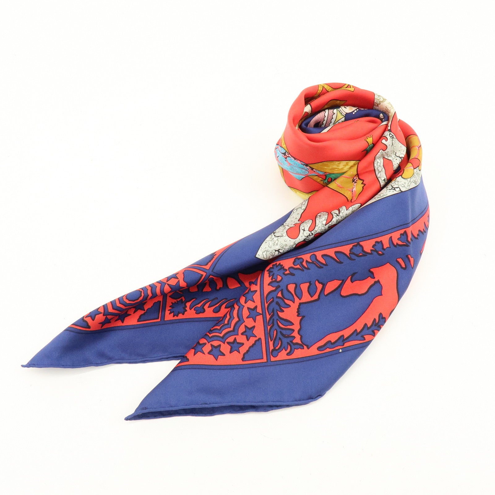 HERMES Carre 90 Silk 100% Scarf EARLY AMERICA Navy Red Brown