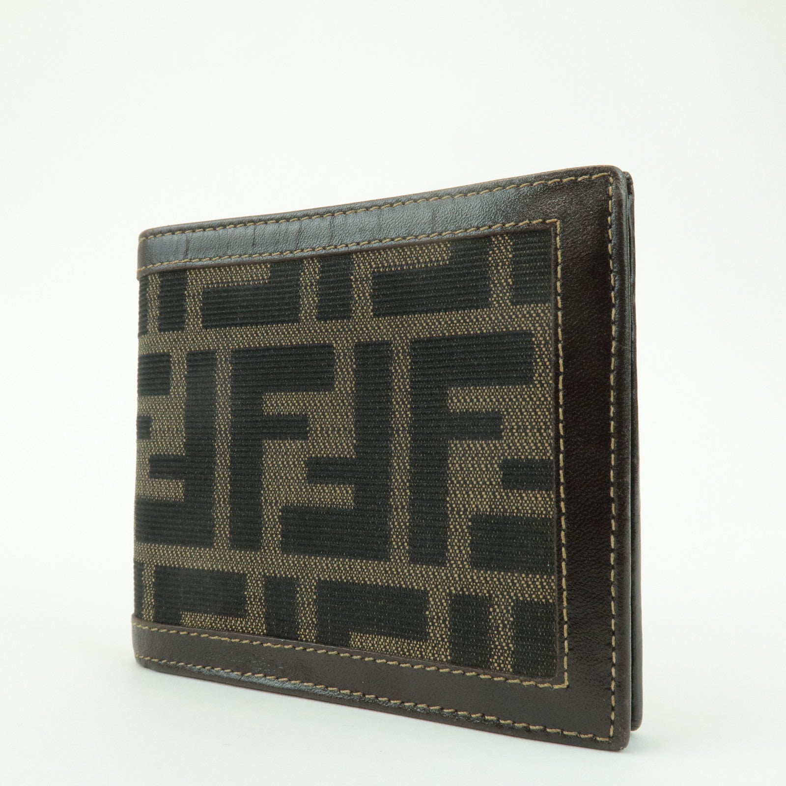FENDI Zucca Leather Canvas Bi-fold Wallet Black Brown 01445 Used