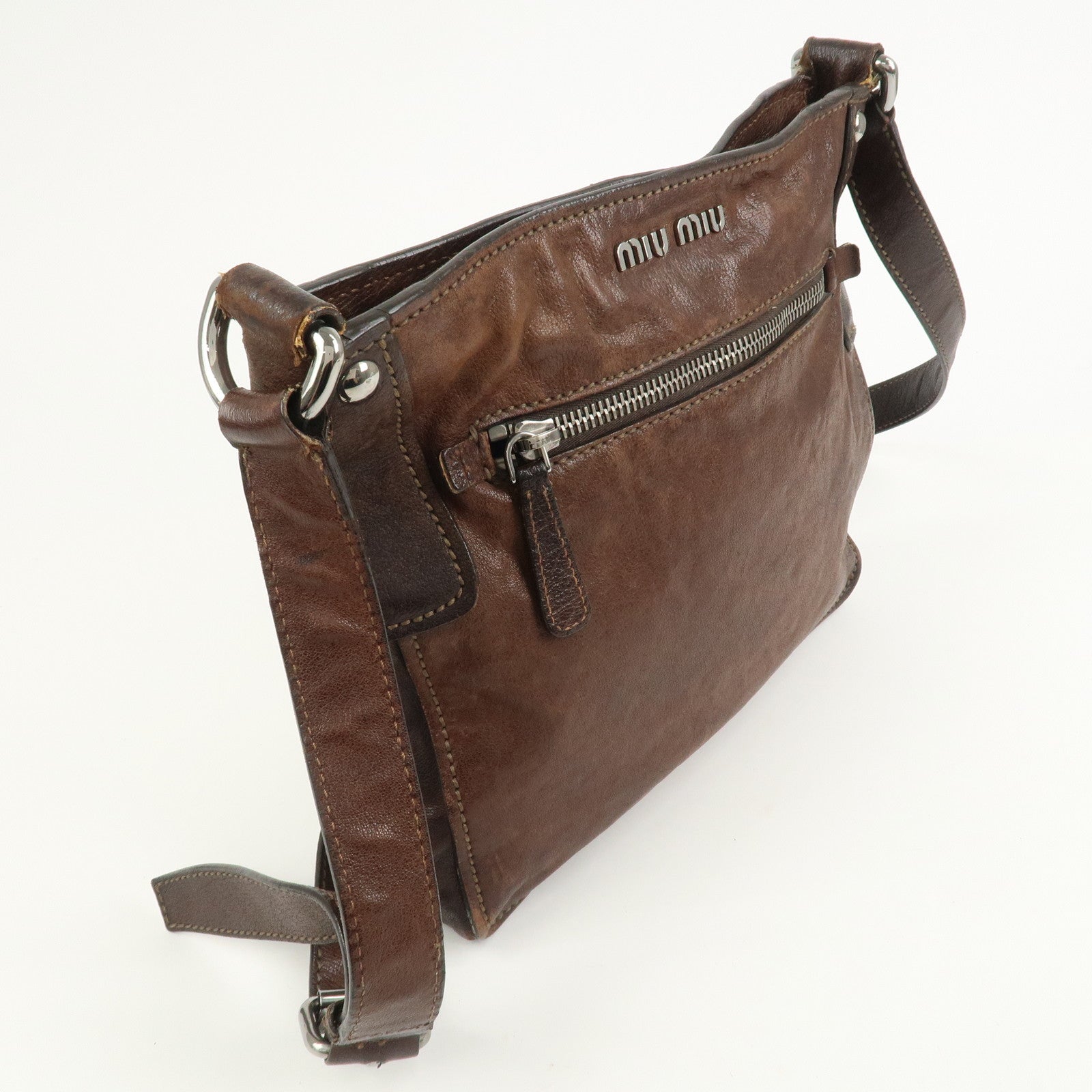 MIU MIU Logo Leather Shoulder Bag Crossbody Bag Brown