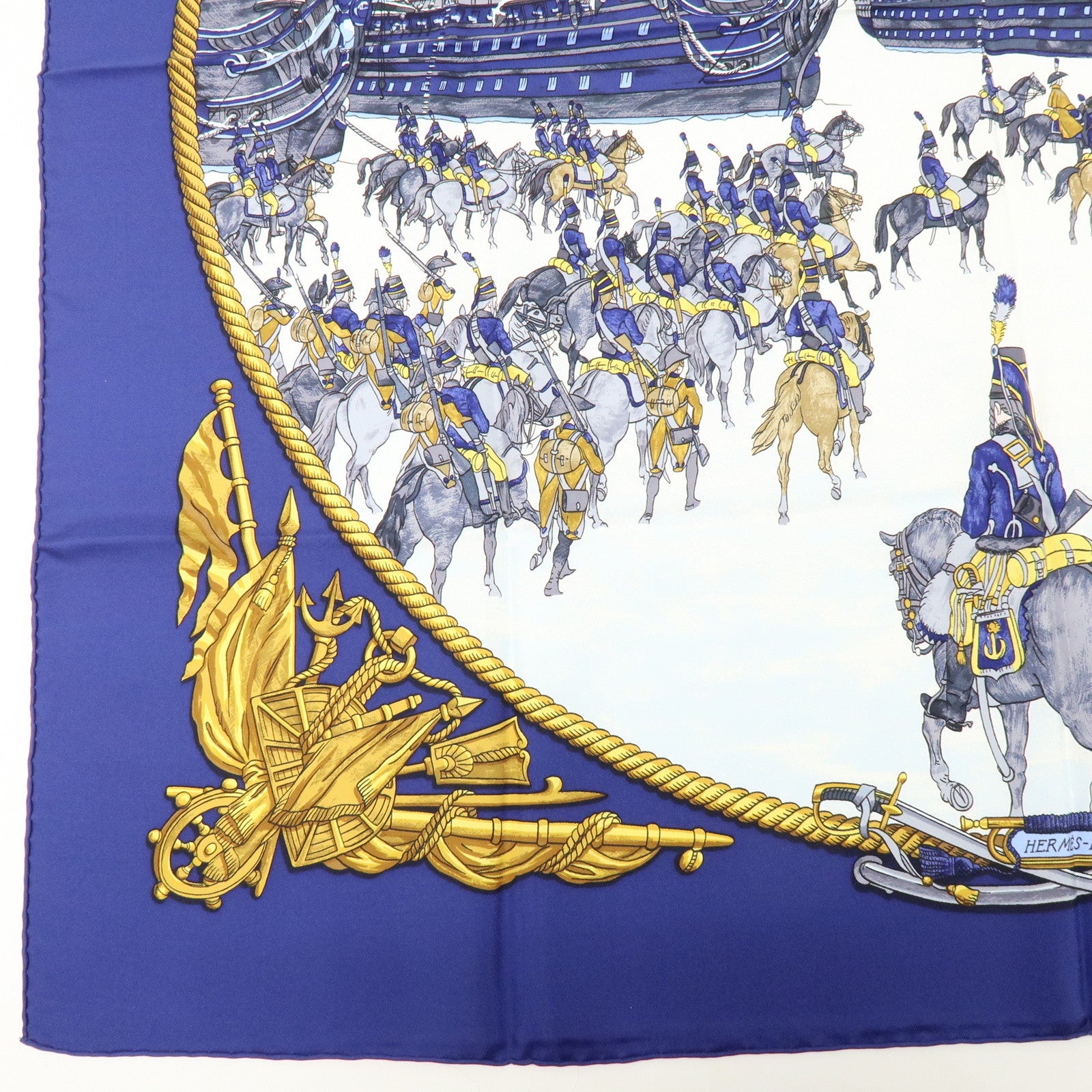 HERMES Carre 90 Silk 100% MARINE ET CAVALERIE Scarf Blue Navy