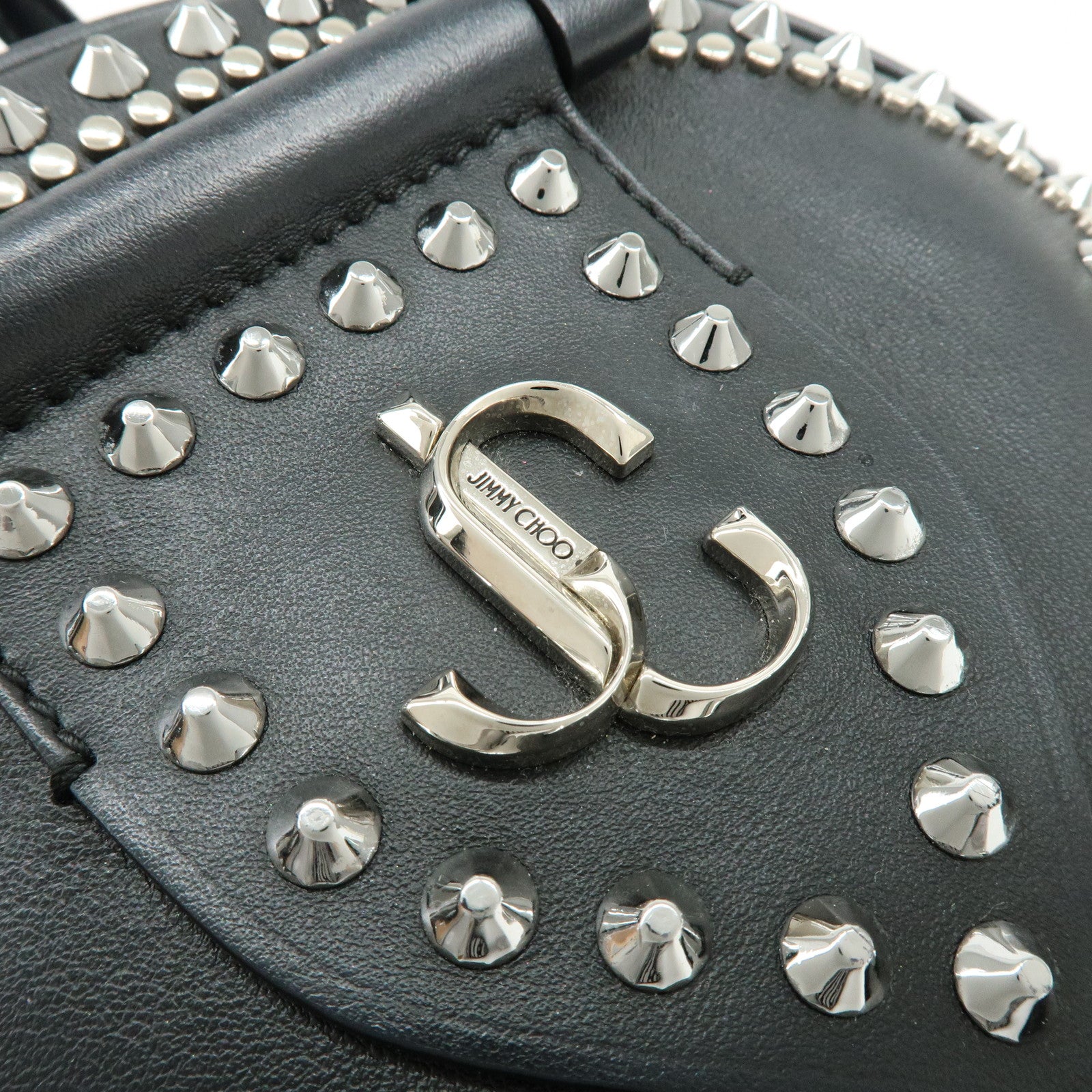 JIMMY CHOO Varenne Leather Bowling Bag Hand Bag Studs Black