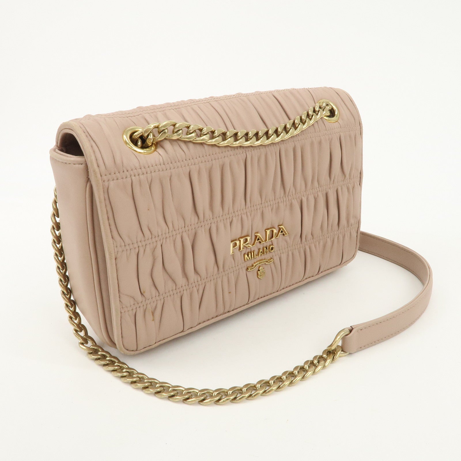 PRADA Logo Leather Gathered Chain Shoulder Bag Pink Beige 1BD147