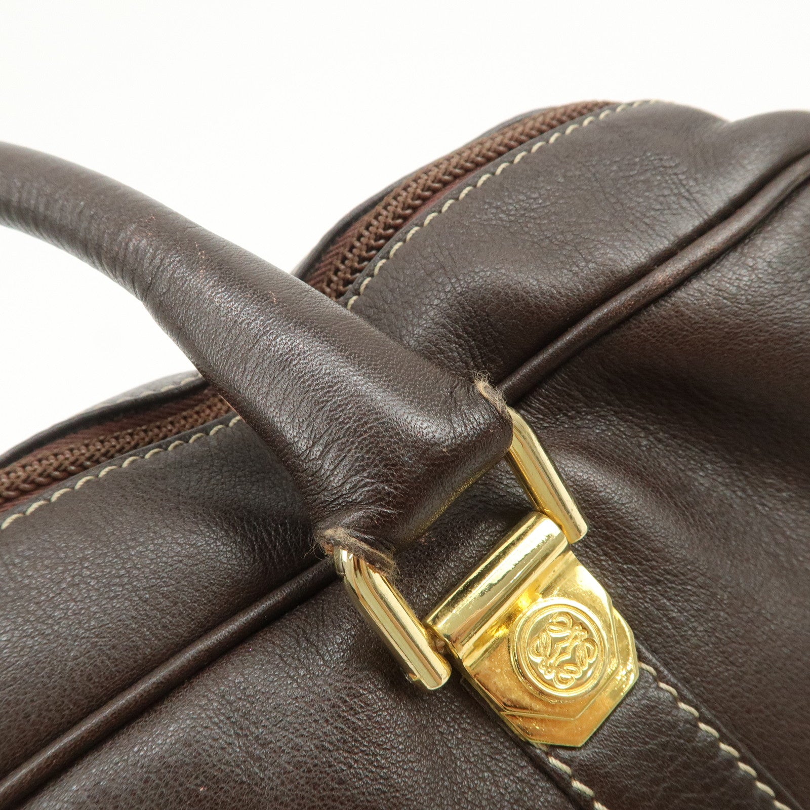 LOEWE Anagram Leather Boston Bag Hand Bag Dark Brown