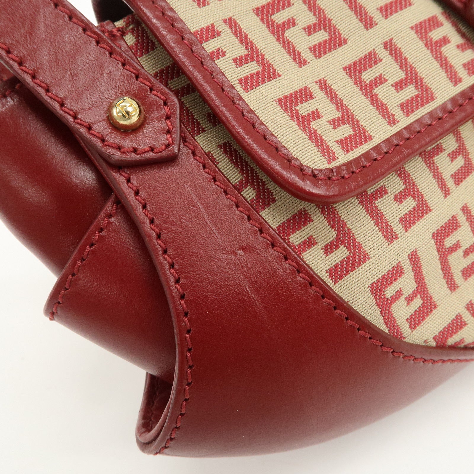 FENDI Zucchino Canvas Leather Turn Lock Shoulder Bag Red 8BR429
