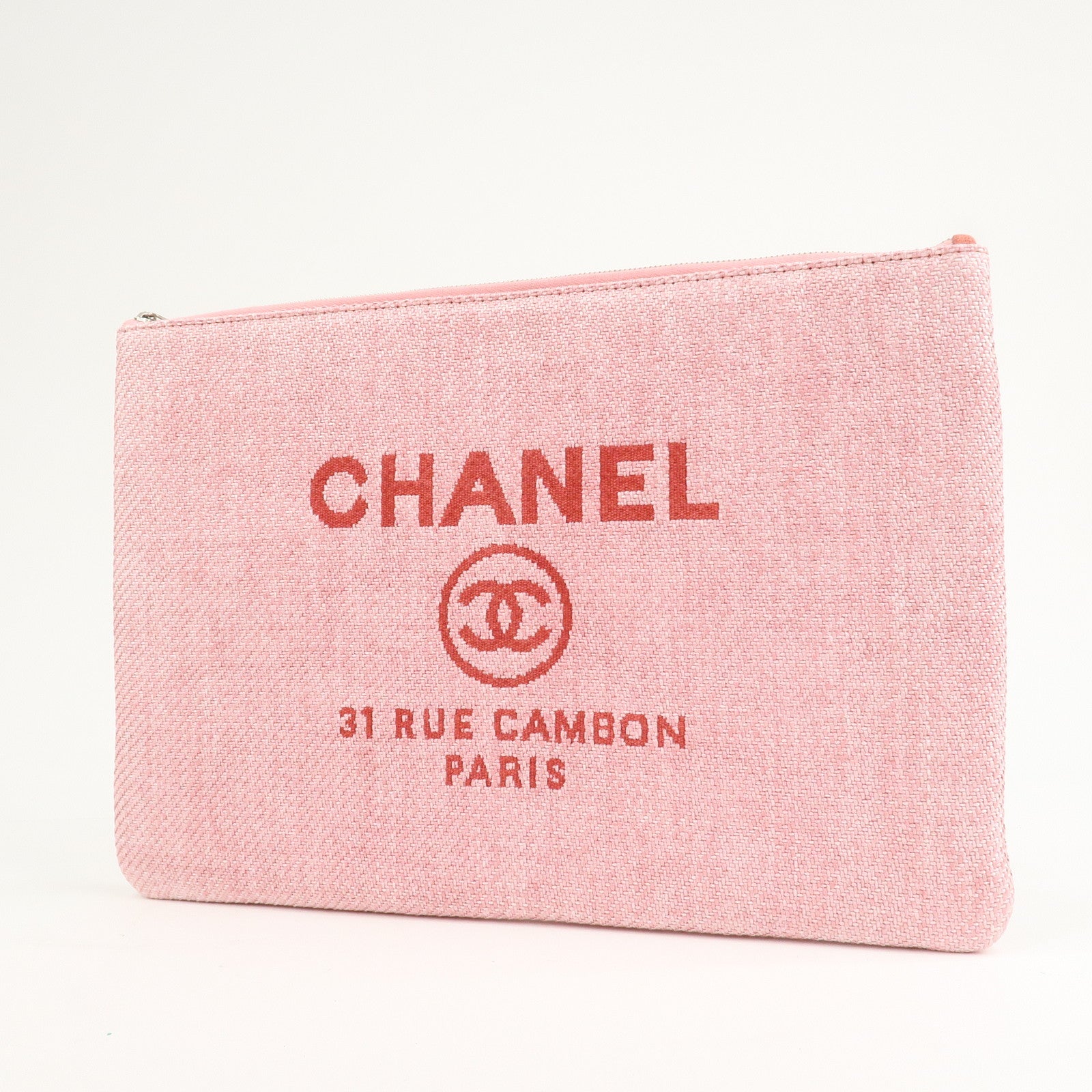 CHANEL Deauville Straw Clutch Bag Pouch Pink Red