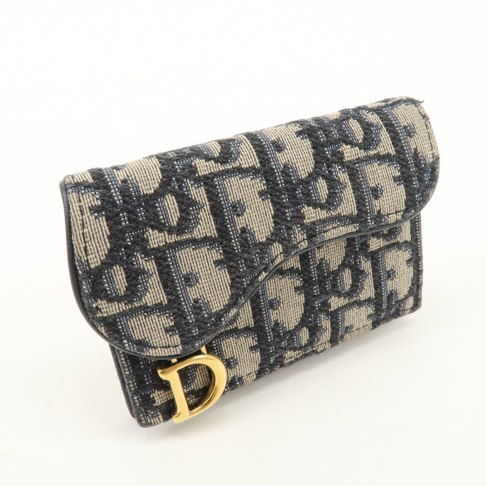 Christian Dior Oblique Canvas Leather Saddle Card Case Beige Navy Used