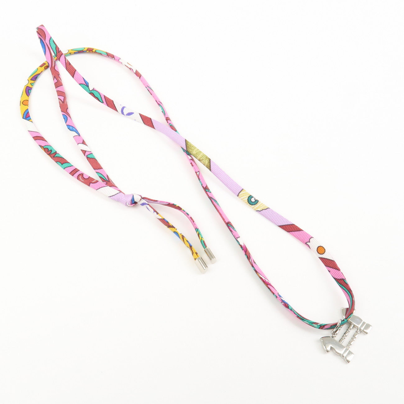 HERMES Tourbillon Stainless Steel Silk Necklace Choker Silver Pink