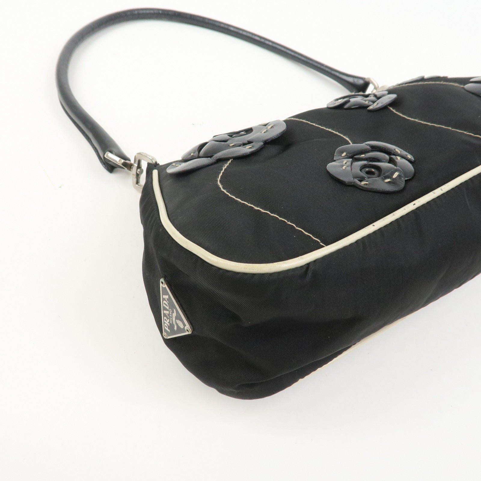 PRADA Nylon Leather Shoulder Bag Hand Bag Flower Motif Black