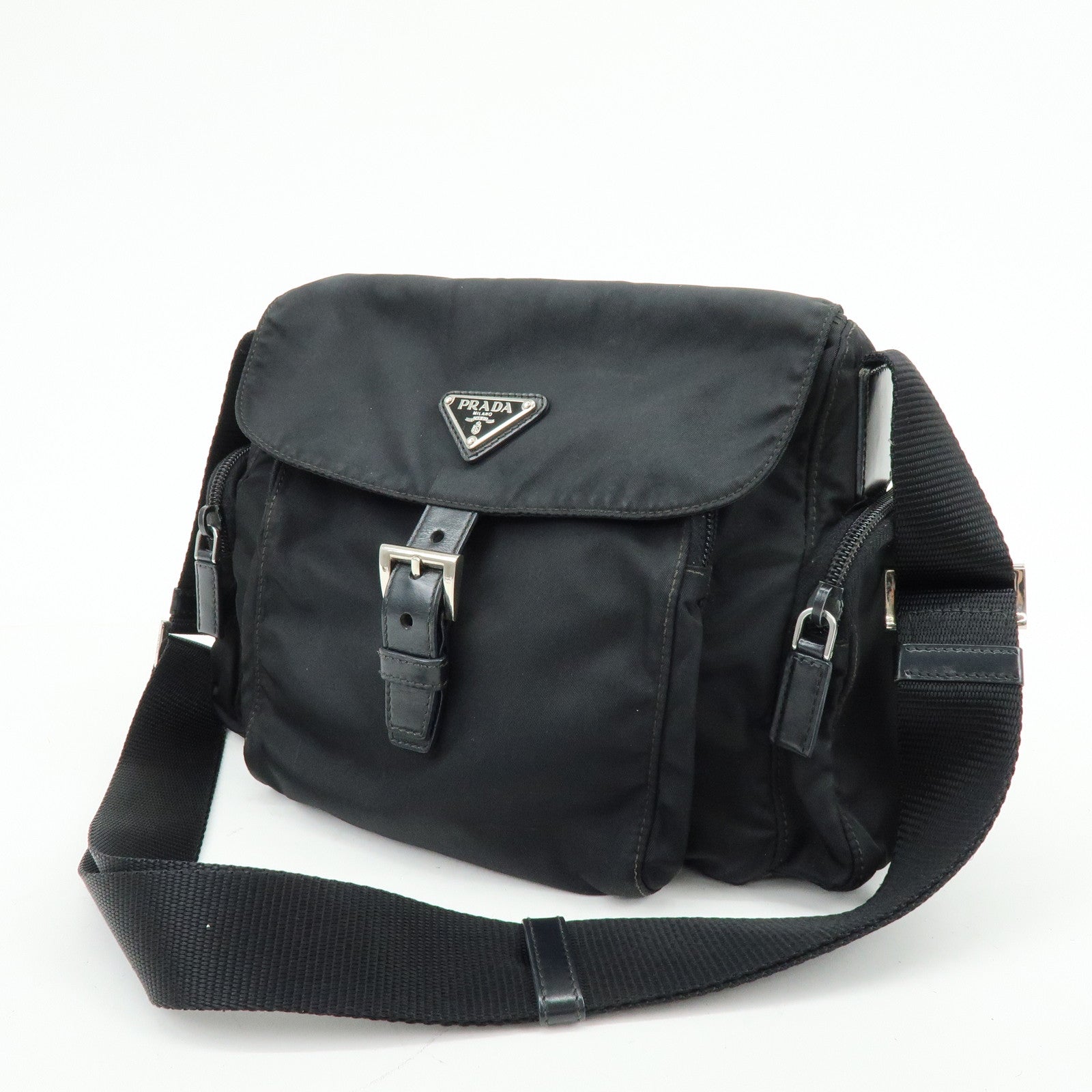PRADA Triangle Logo Nylon Leather Shoulder Bag Crossbody Bag Black