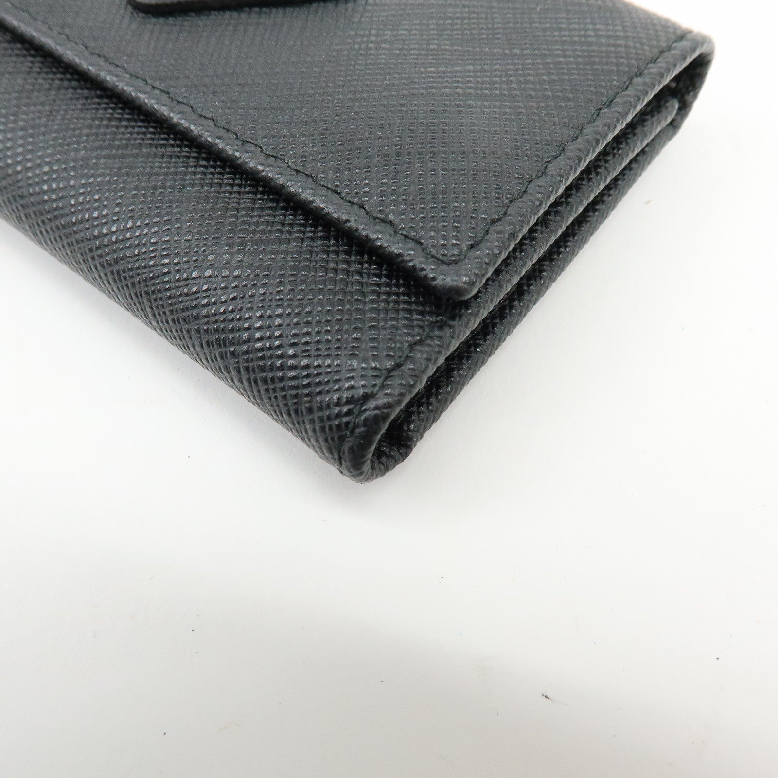 PRADA Triangle Logo Saffiano Leather Key Case Key Ring Black 1PG004