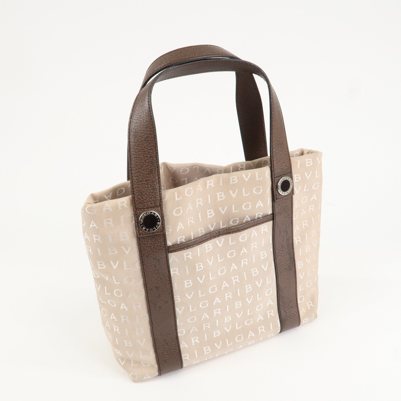 BVLGARI Logo Mania Canvas Leather Tote Bag Beige Dark Brown Silver HDW Used