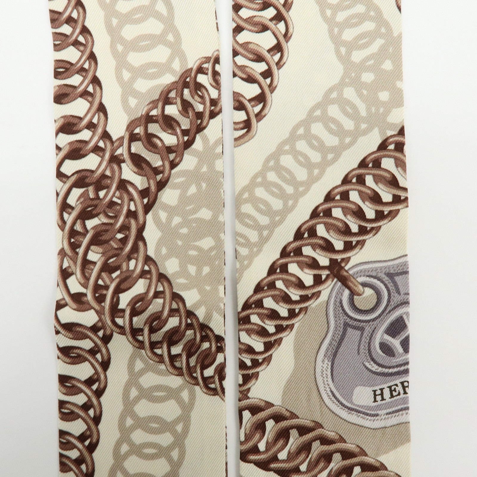 HERMES Twilly Silk 100% Scarf Chain Print Ivory Brown