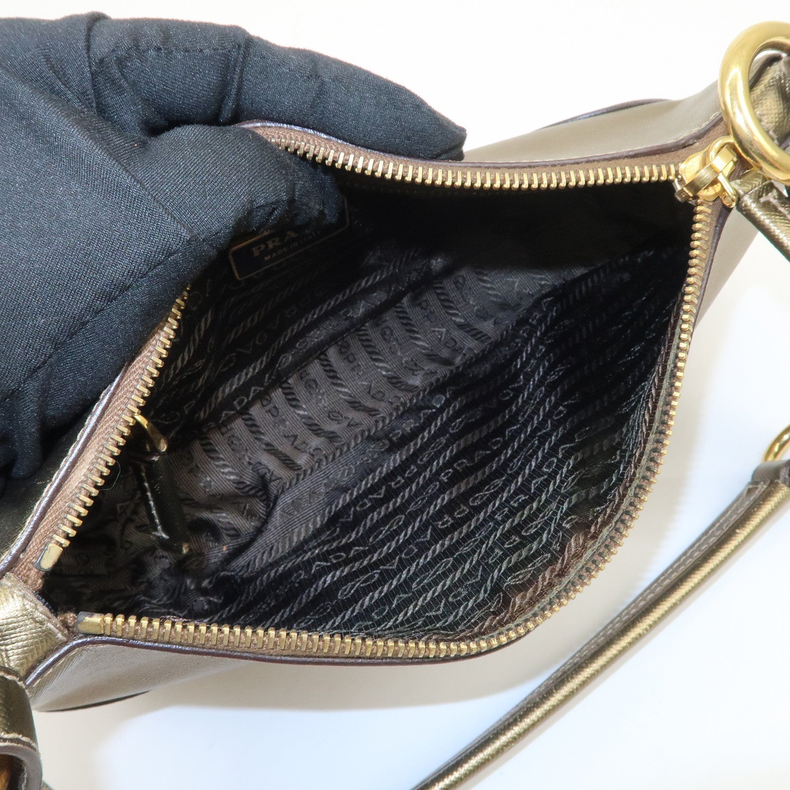 PRADA Triangle Logo Saffiano Leather Shoulder Bag Hand Bag Gold