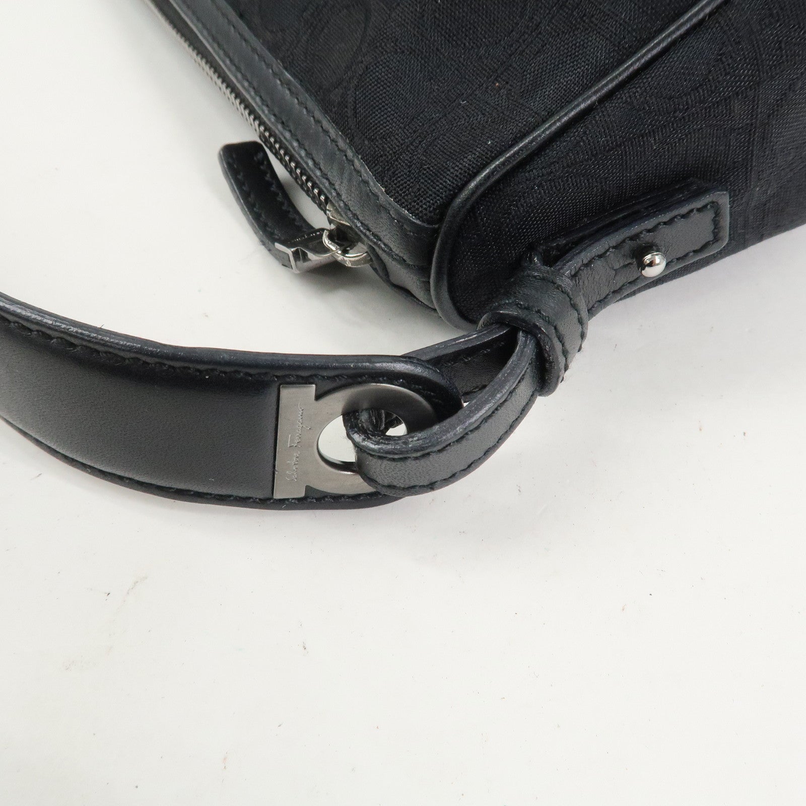 Ferragamo Gancini Canvas Leather Shoulder Bag Hand Bag Black