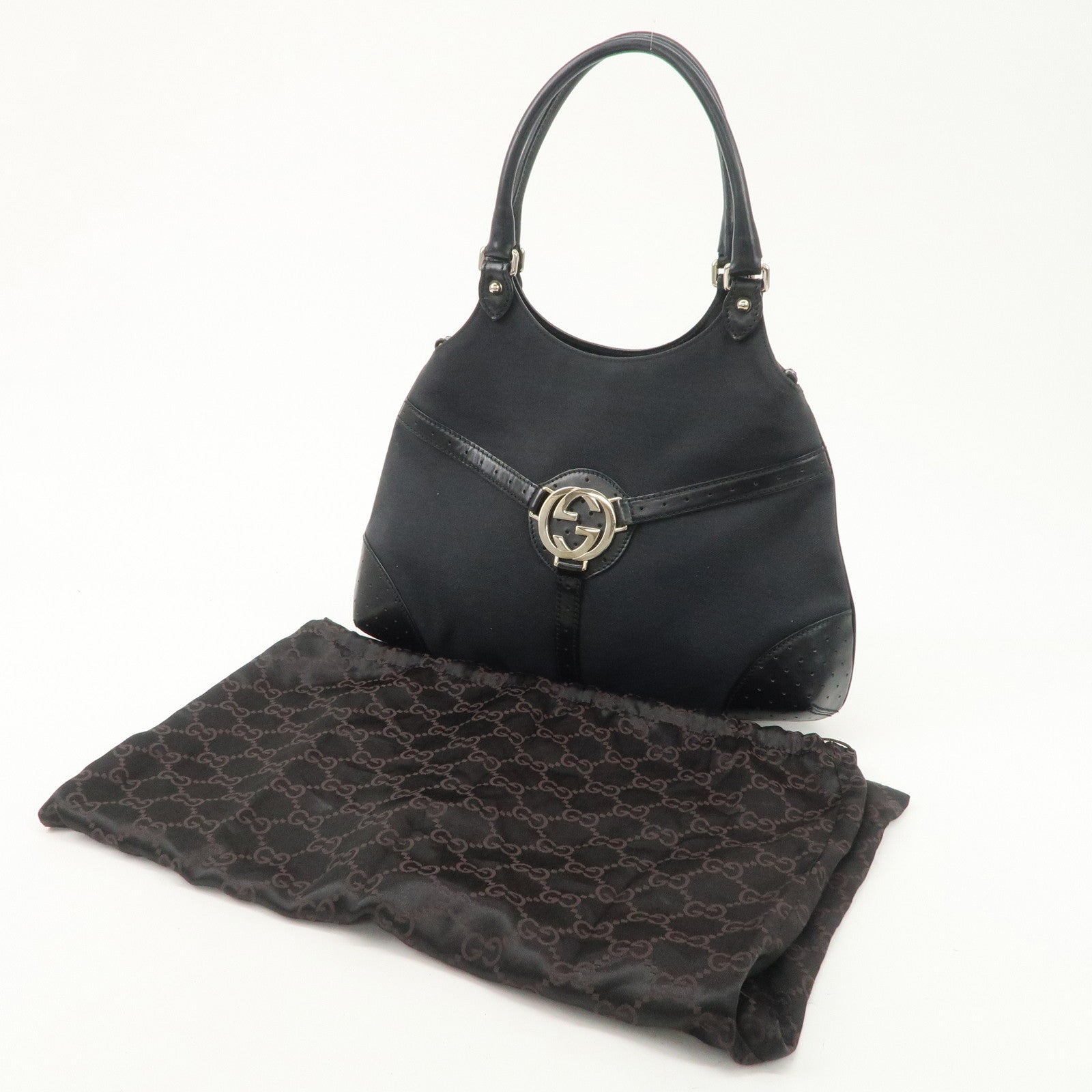 GUCCI Interlocking G Canvas Leather Hand Shoulder Bag Black 114875 Used