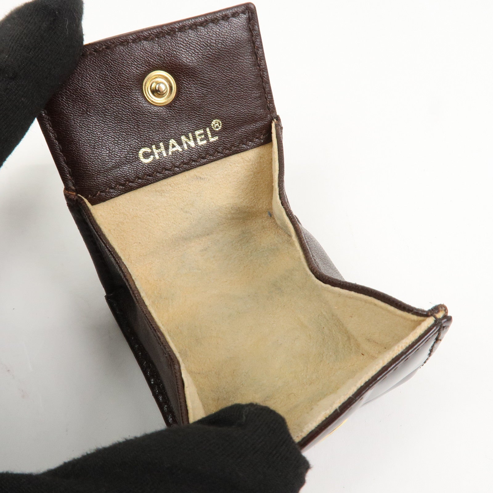 CHANEL Chocolate Bar Patent Leather Coin Case Coin Purse Brown