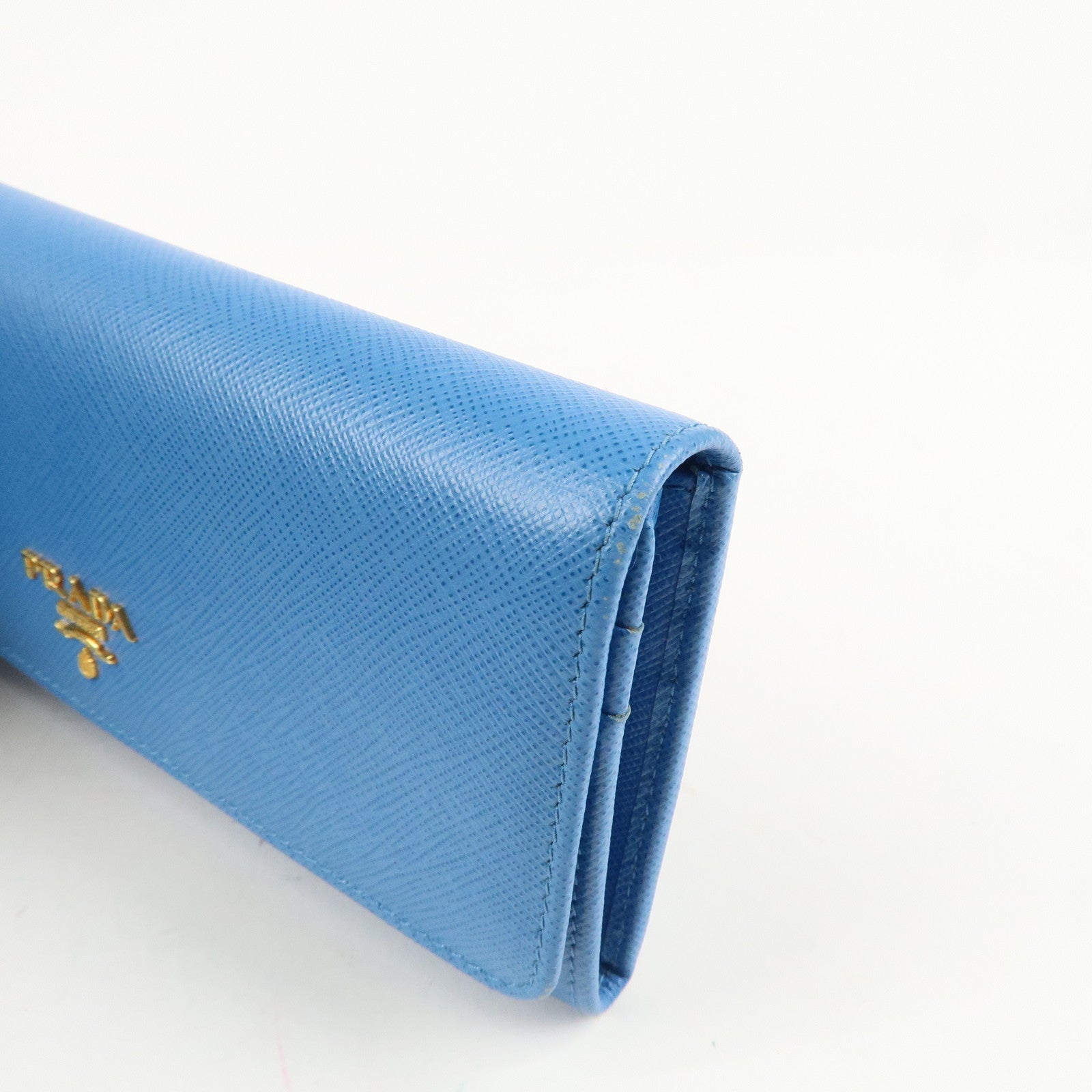 PRADA Saffiano Leather Bi-Fold Long Wallet Blue Gold HDW 1MH132 Used