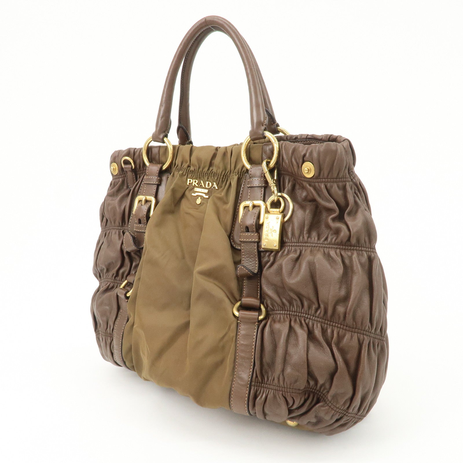 PRADA Nylon Leather 2WAY Bag Shoulder Bag Hand Bag Brown Khaki BN1793