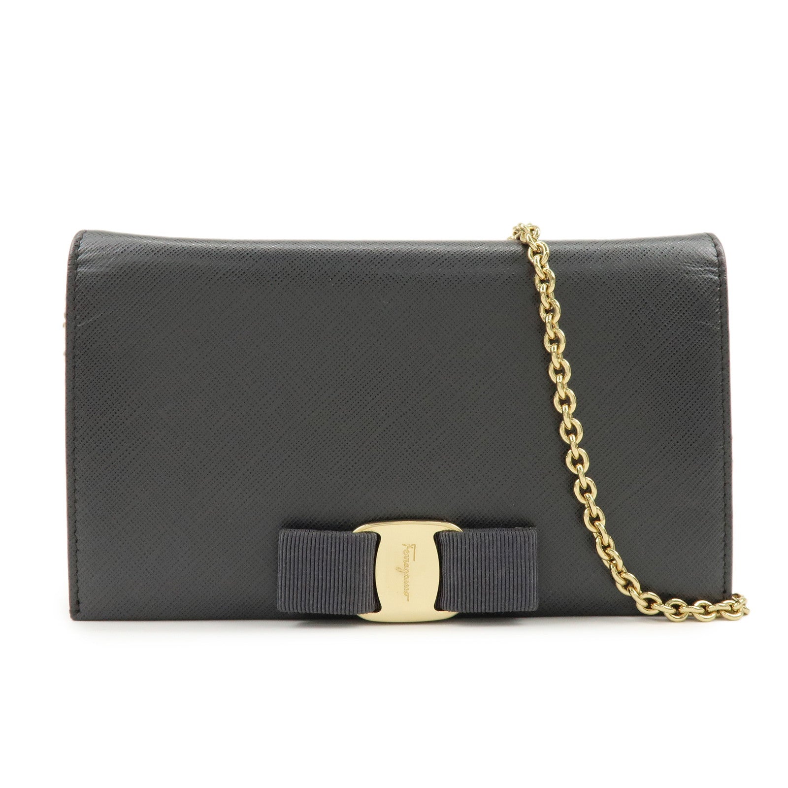 Ferragamo Varra Ribbon Leather Chain Shoulder Bag Wallet Gray