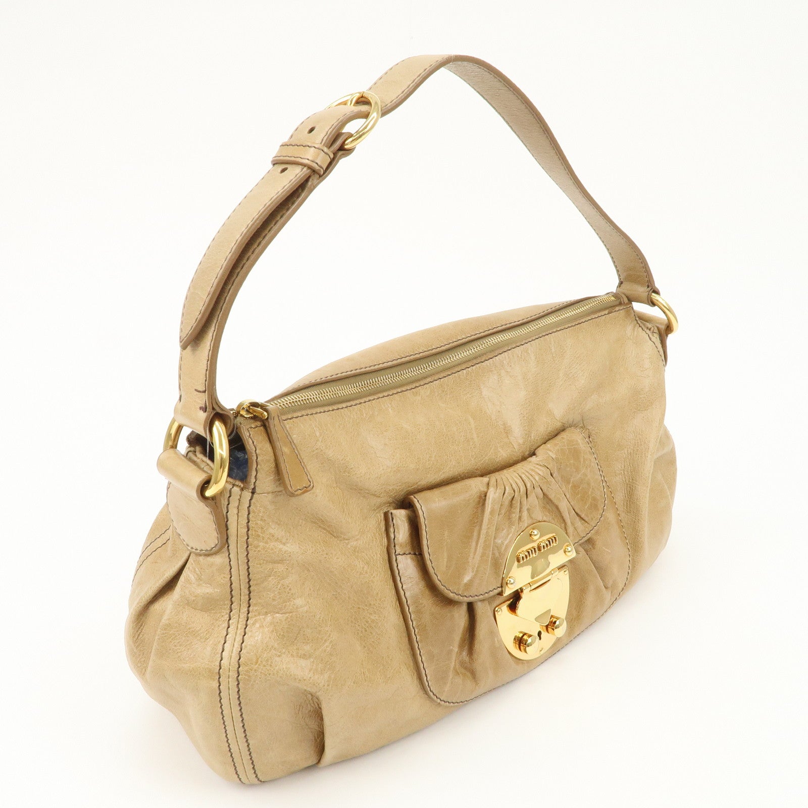 MIU MIU Leather Shoulder Bag Hand Bag Beige Gold Hardware