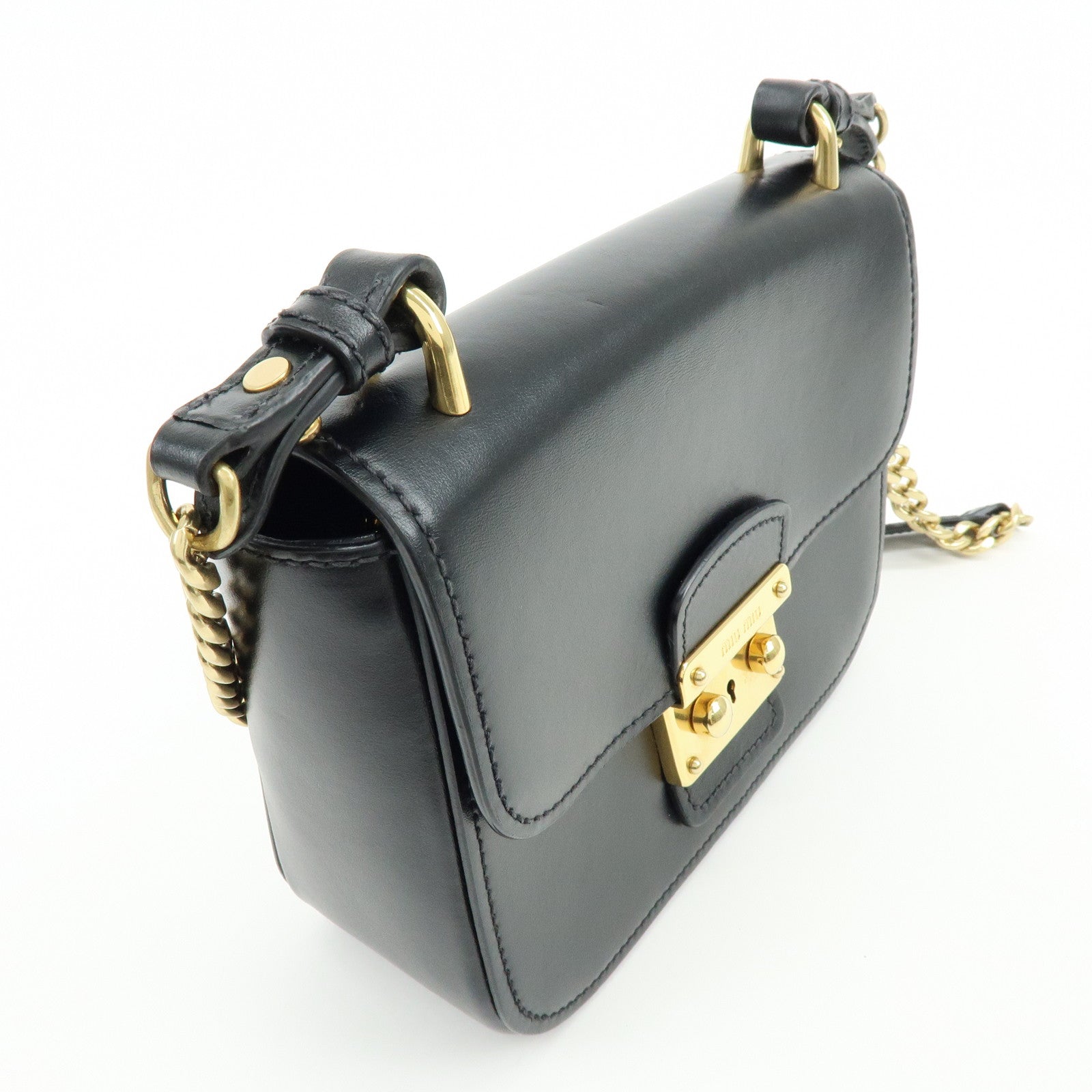 MIU MIU Logo Soft Calf Leather Chain Shoulder Bag Black 5BD147