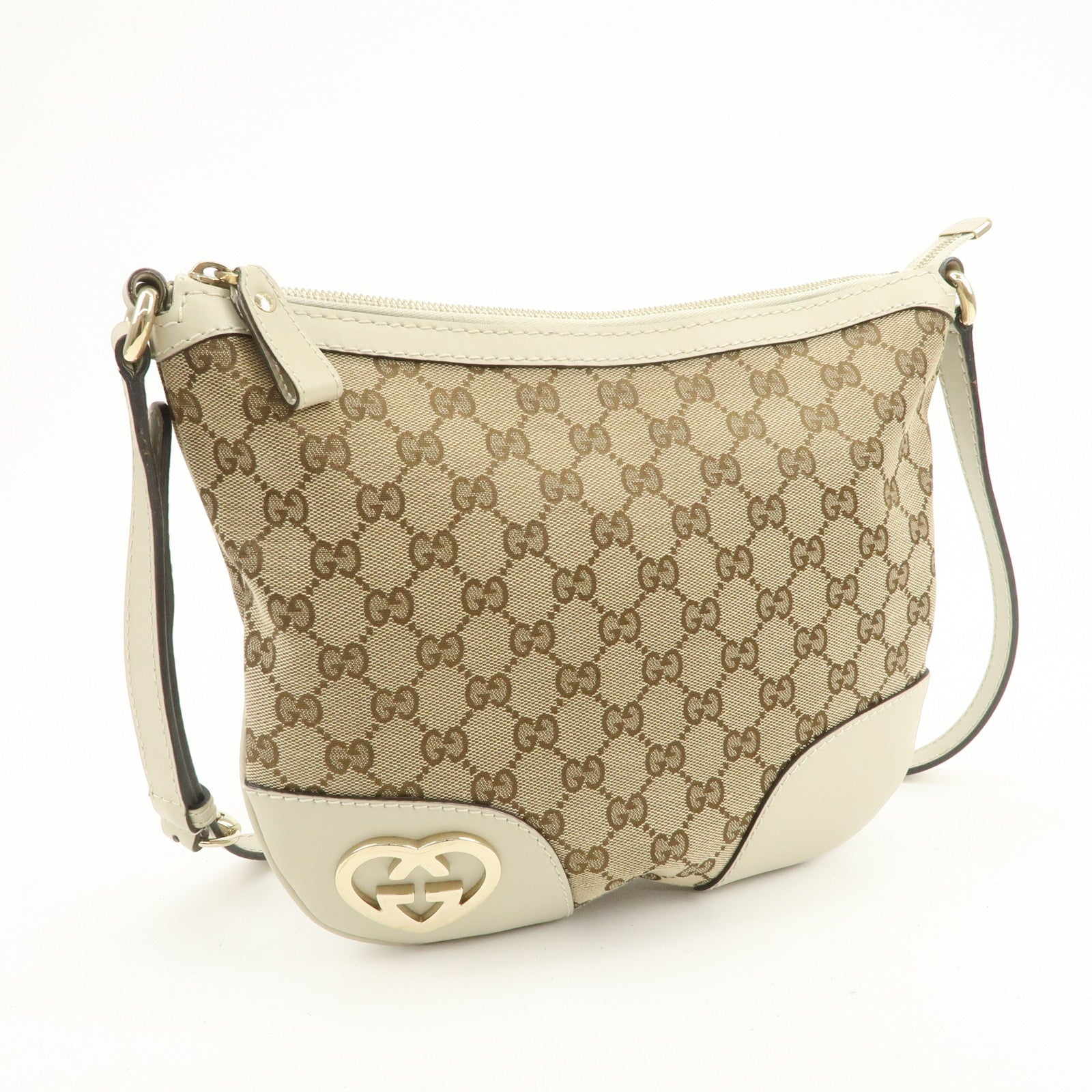 GUCCI Lovely Heart GG Canvas Leather Shoulder Bag Ivory 257072