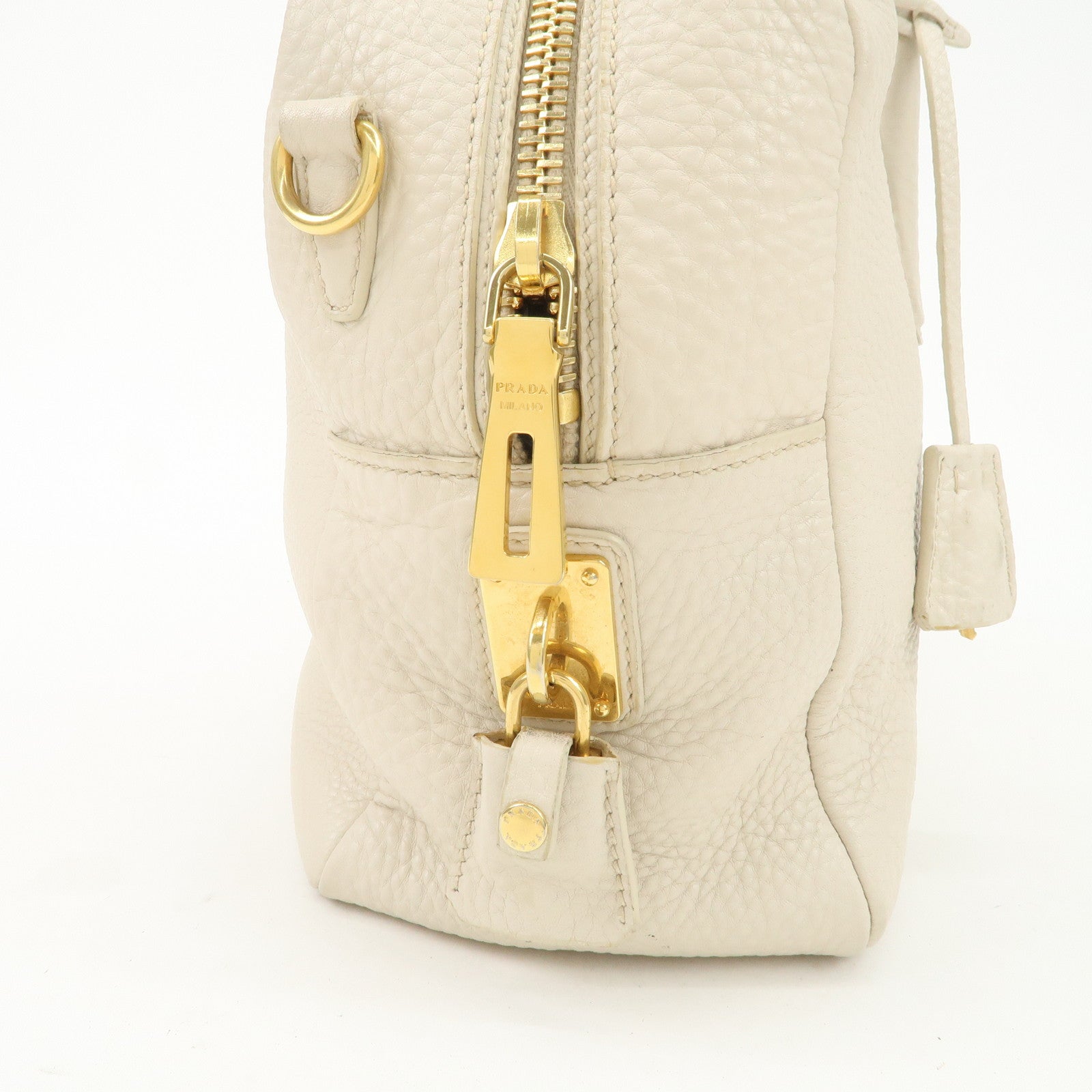 PRADA Logo Leather 2Way Boston Shoulder Bag Gold HDW Ivory
