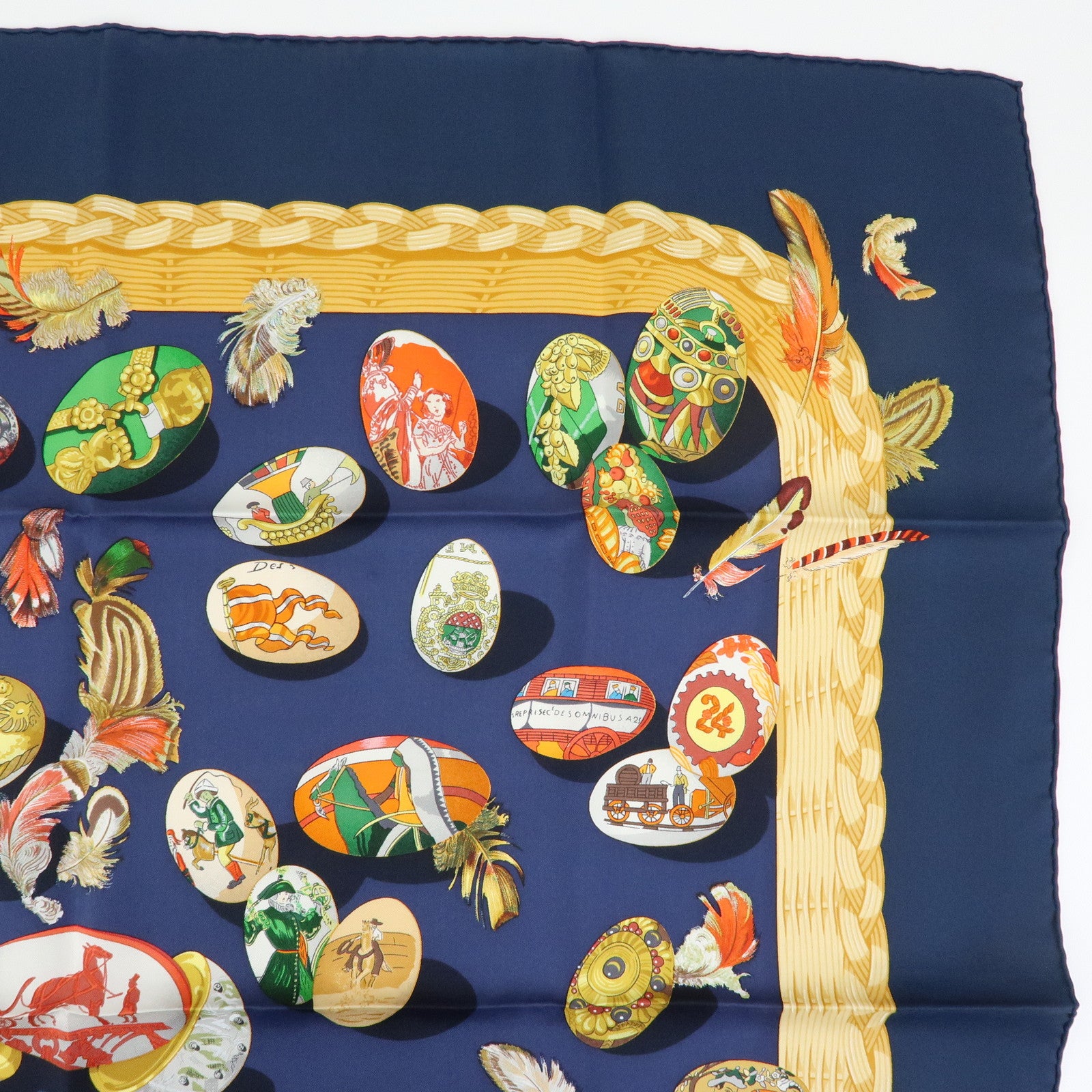 HERMES Carre 90 Silk 100% Scarf COUVEE D HERMES Egg Print Navy Gold