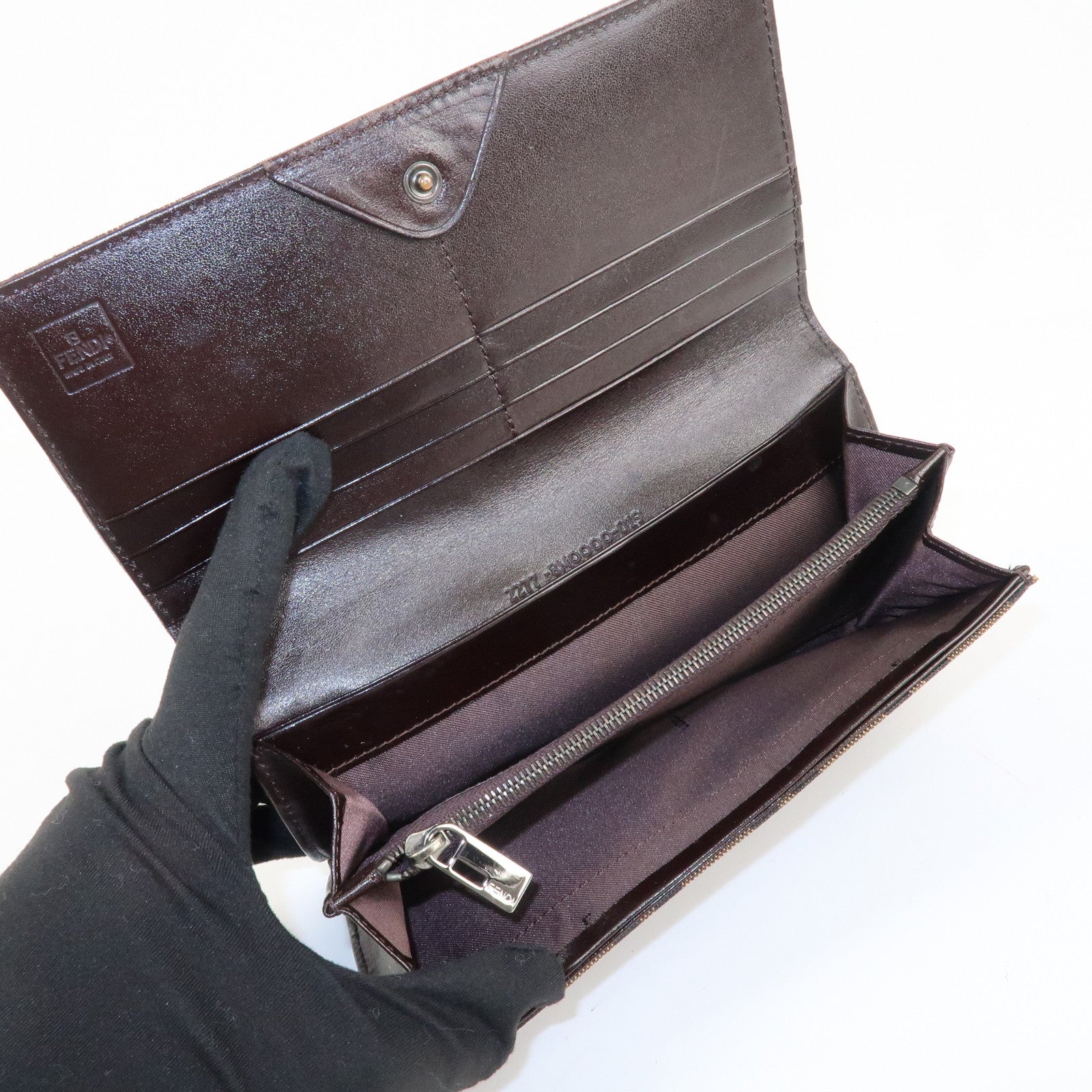 FENDI Zucca Canvas Leather Long Wallet Brown Black 8M0000 Used