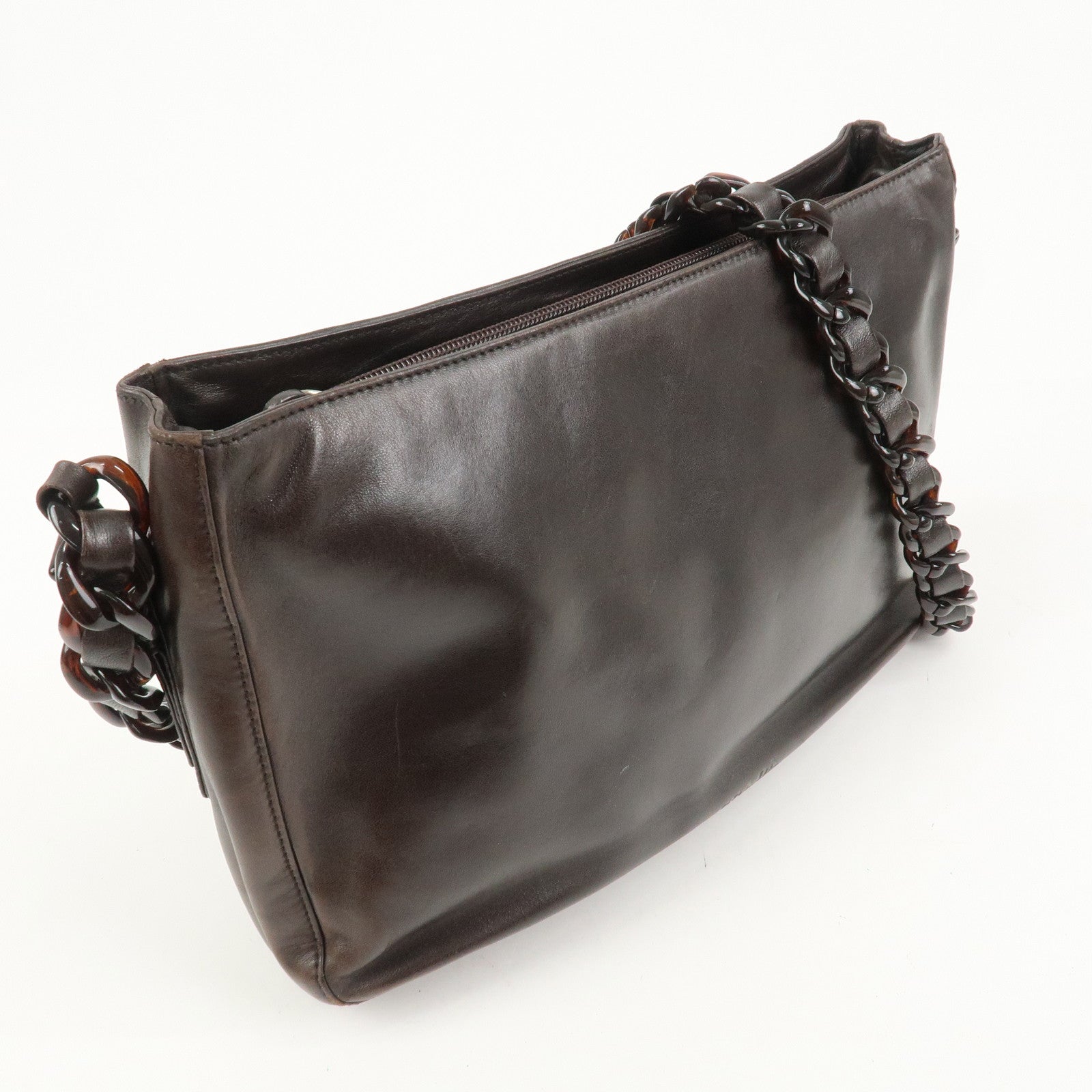 PRADA Logo Suede Leather Plastic Chain Shoulder Bag Brown