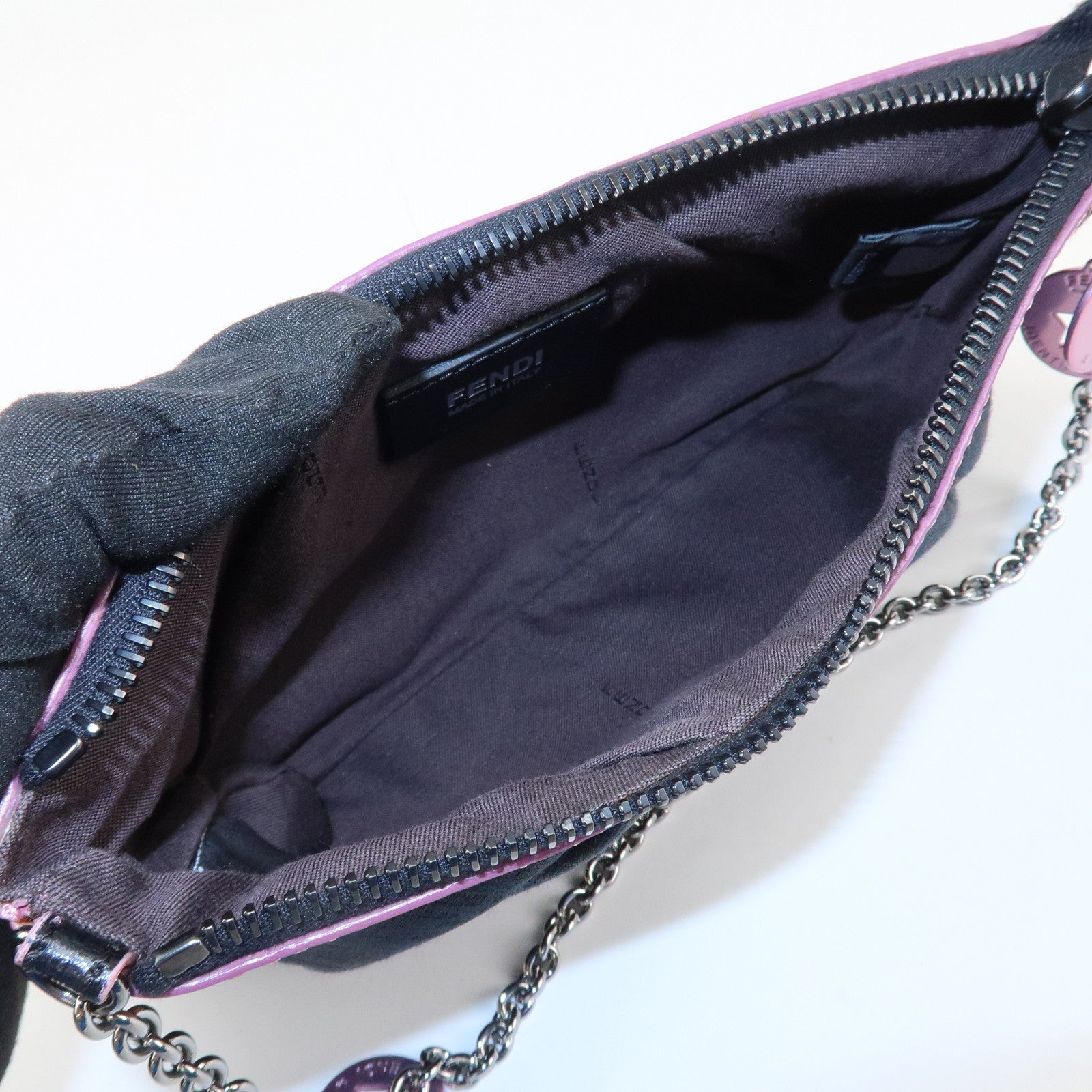 FENDI Zucchino Canvas Leather Chain Hand Bag Black Pink 8BR594 Used