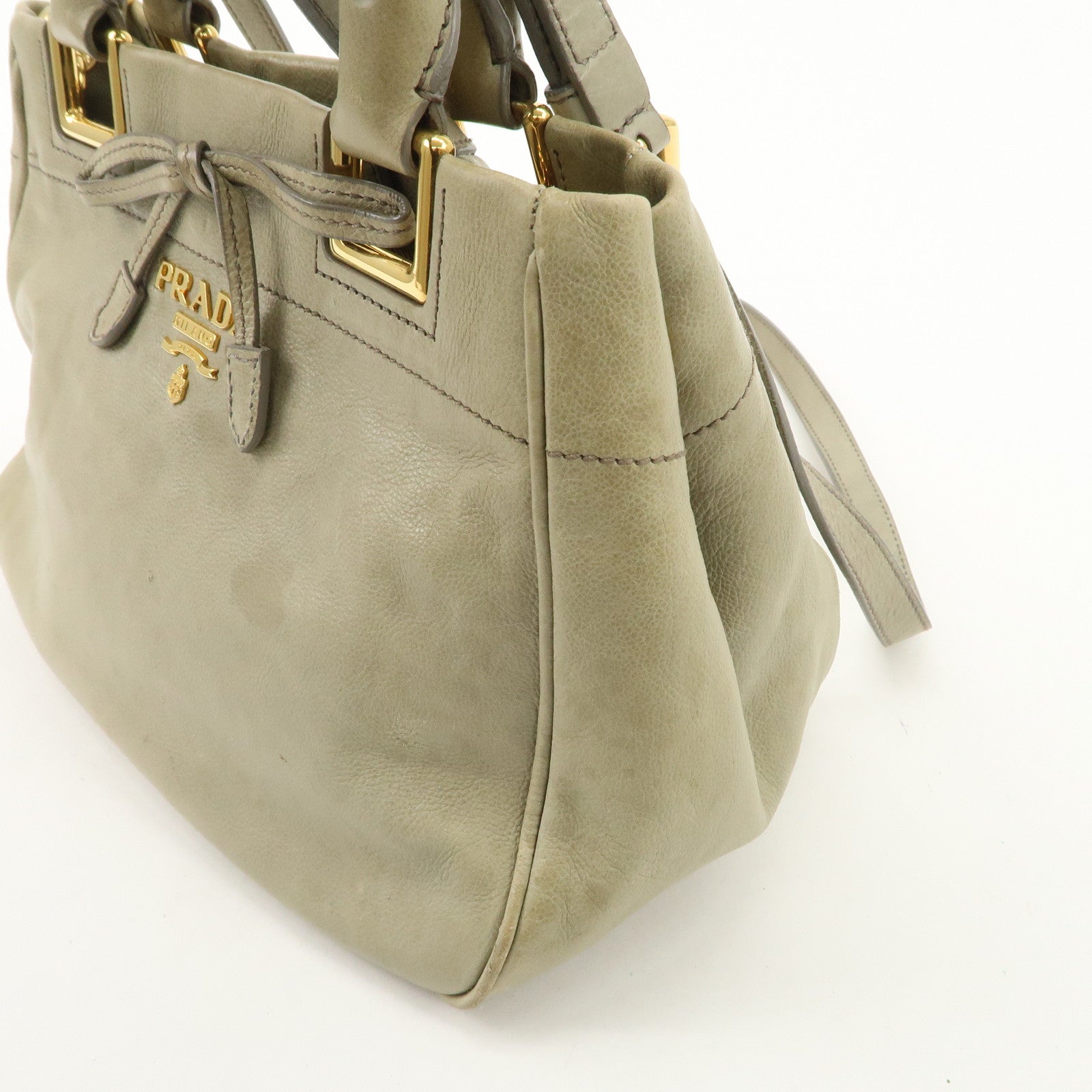 PRADA Logo Ribon Leather 2WAY Tote Bag Hand Bag Beige Gold HDW BN2245 Used